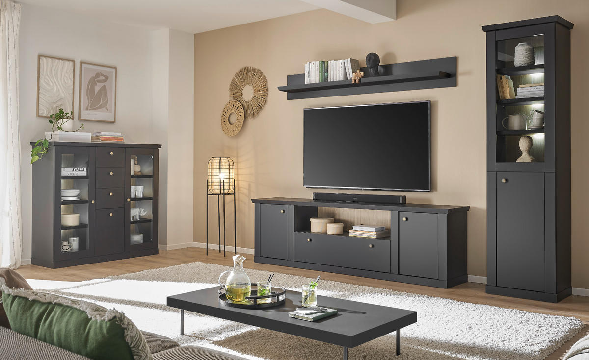 VITRINE schwarz matt, Eiche 55 cm, Vitrinenschrak Landhaus mit Soft-Close - Eichefarben/Messingfarben, Glas/Holzwerkstoff (55/200/39cm) - Furn.Design