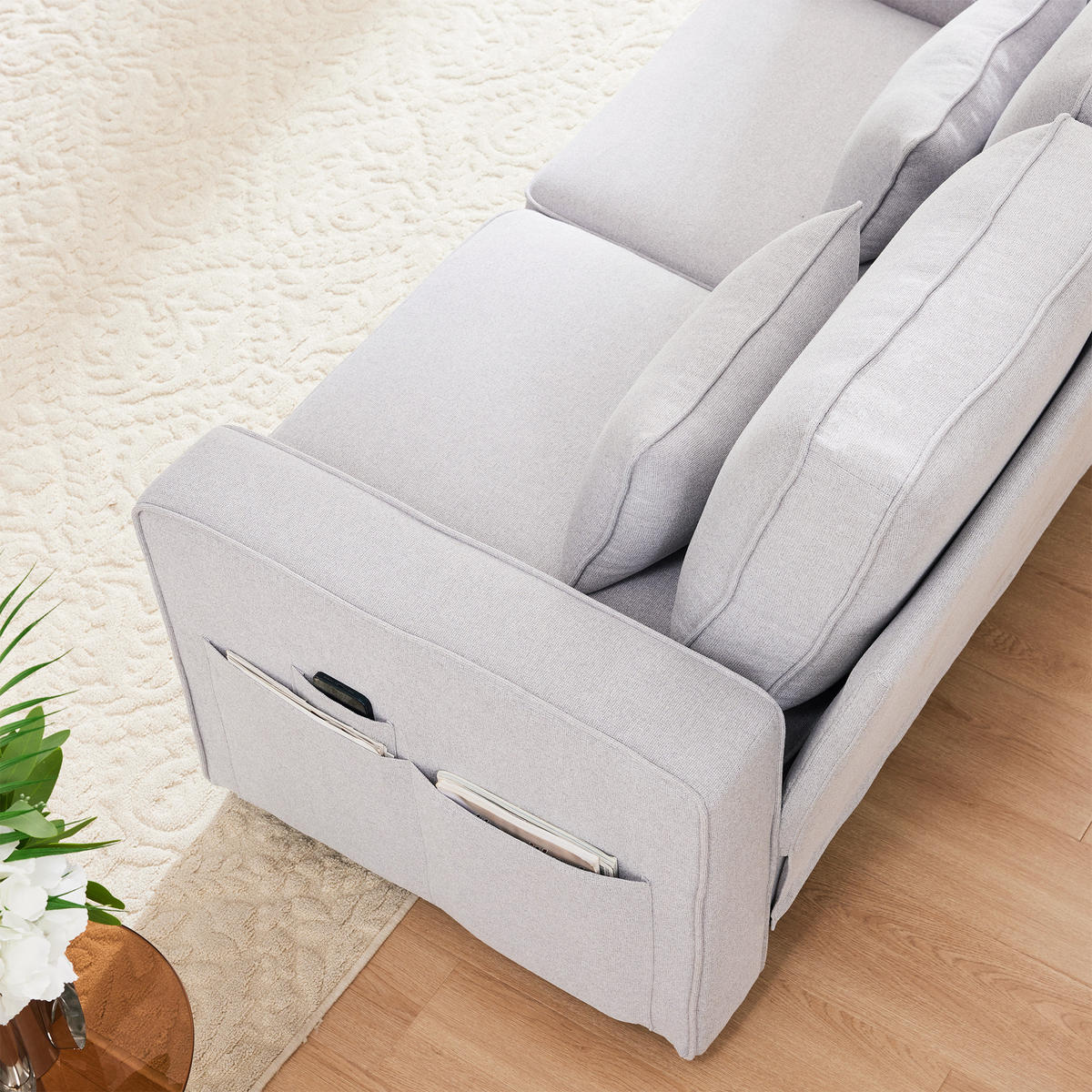 4-SITZER SOFA Leinen Grau mit USB, Getränkehaltern, Stauraum und mit Kissen - Hellgrau, Holzwerkstoff/Kunststoff (290/88/83cm) - WISHDOR