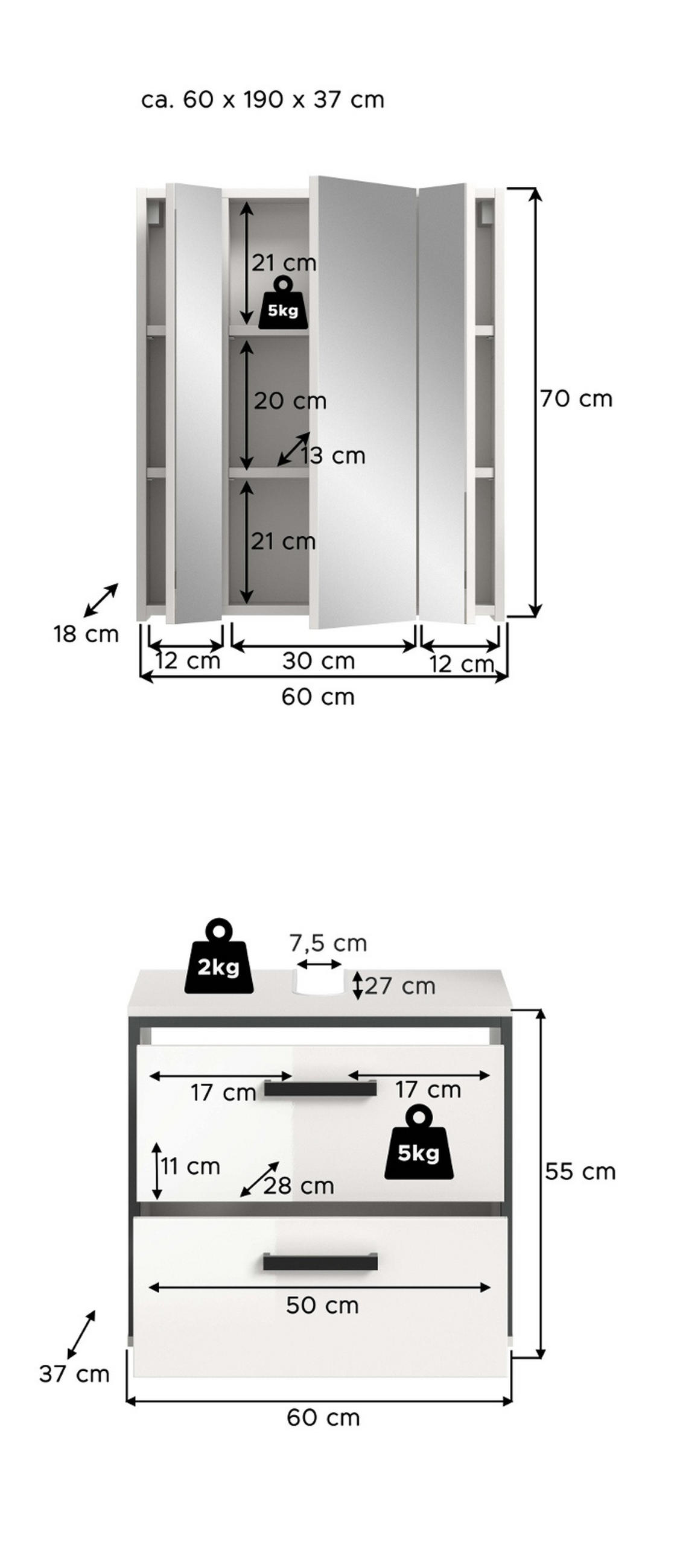 BADMÖBEL-SET 2-teilig weiß Hochglanz, grau, Badkombination 60 x 190 cm - Weiß Hochglanz/Schwarz, Glas/Holzwerkstoff (60/190/37.5cm) - Inn.Furn