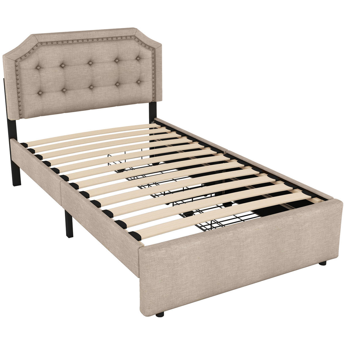POLSTERBETT 90/200 cm mit 2 Schubladen und gepolstertem Kopfteil in Dunkelbeige - Beige, Textil (90/200cm) - BEAOK
