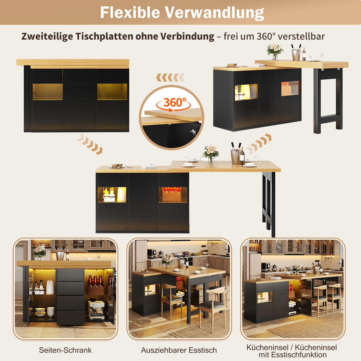 KÜCHENINSEL 360° Drehbar RGB LED App Schubladen Schwarz - Schwarz, Metall (120/73.8/40cm) - FLIEKS