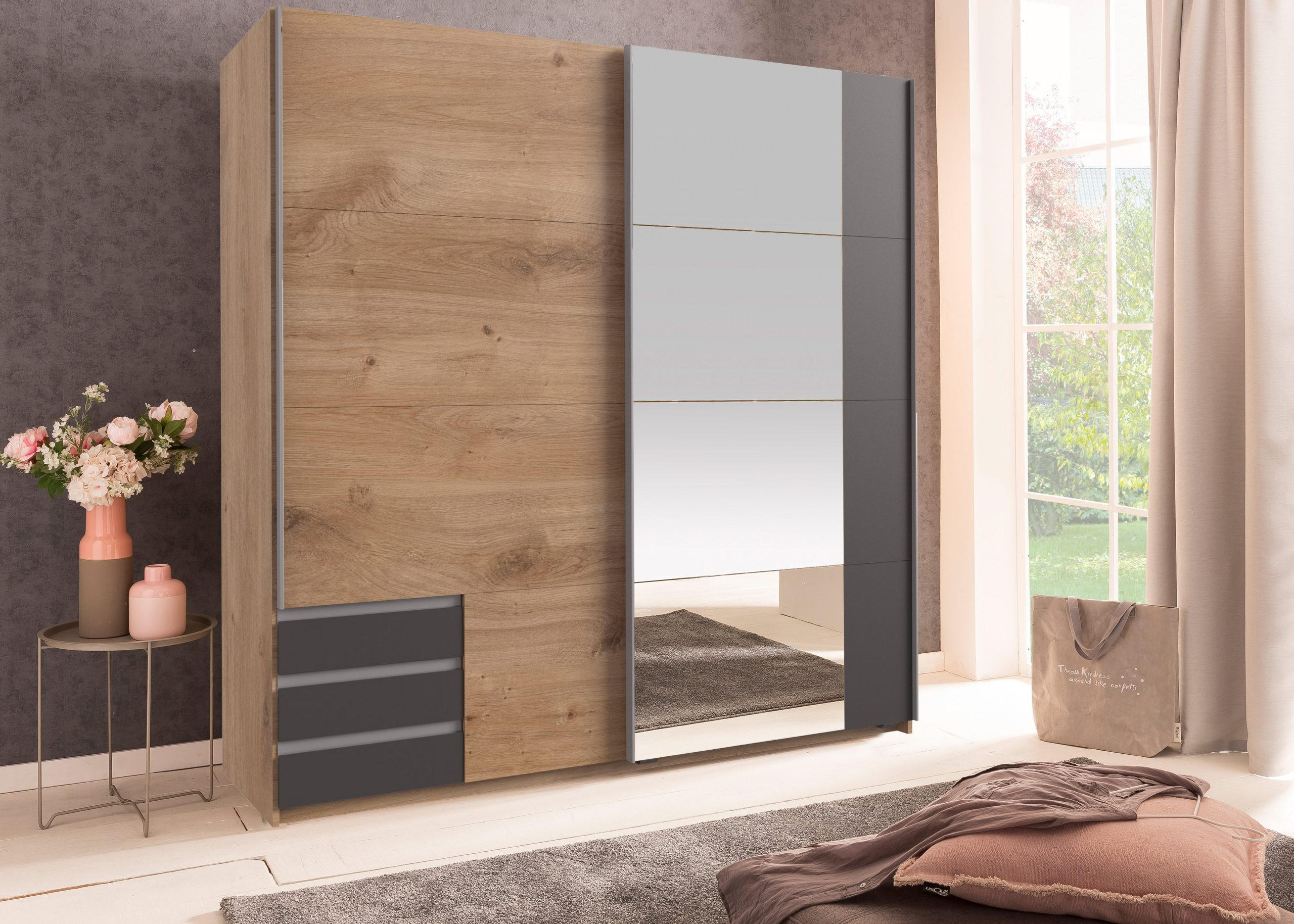 KLEIDERSCHRANK Emden in Plankeneiche mit Graphit - Schwebetürenschrank Breite 179 cm mit Spiegel - Braun, Holzwerkstoff (179/198/65cm)