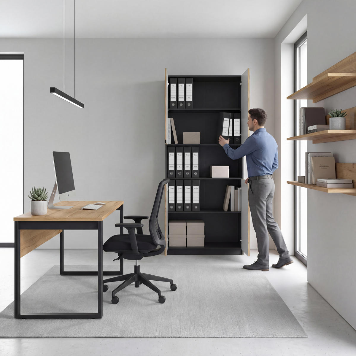 BÜROSCHRANK Logan Fronten in Schwarz matt - Schwarz, Holzwerkstoff (82/184/37cm) - Vladon