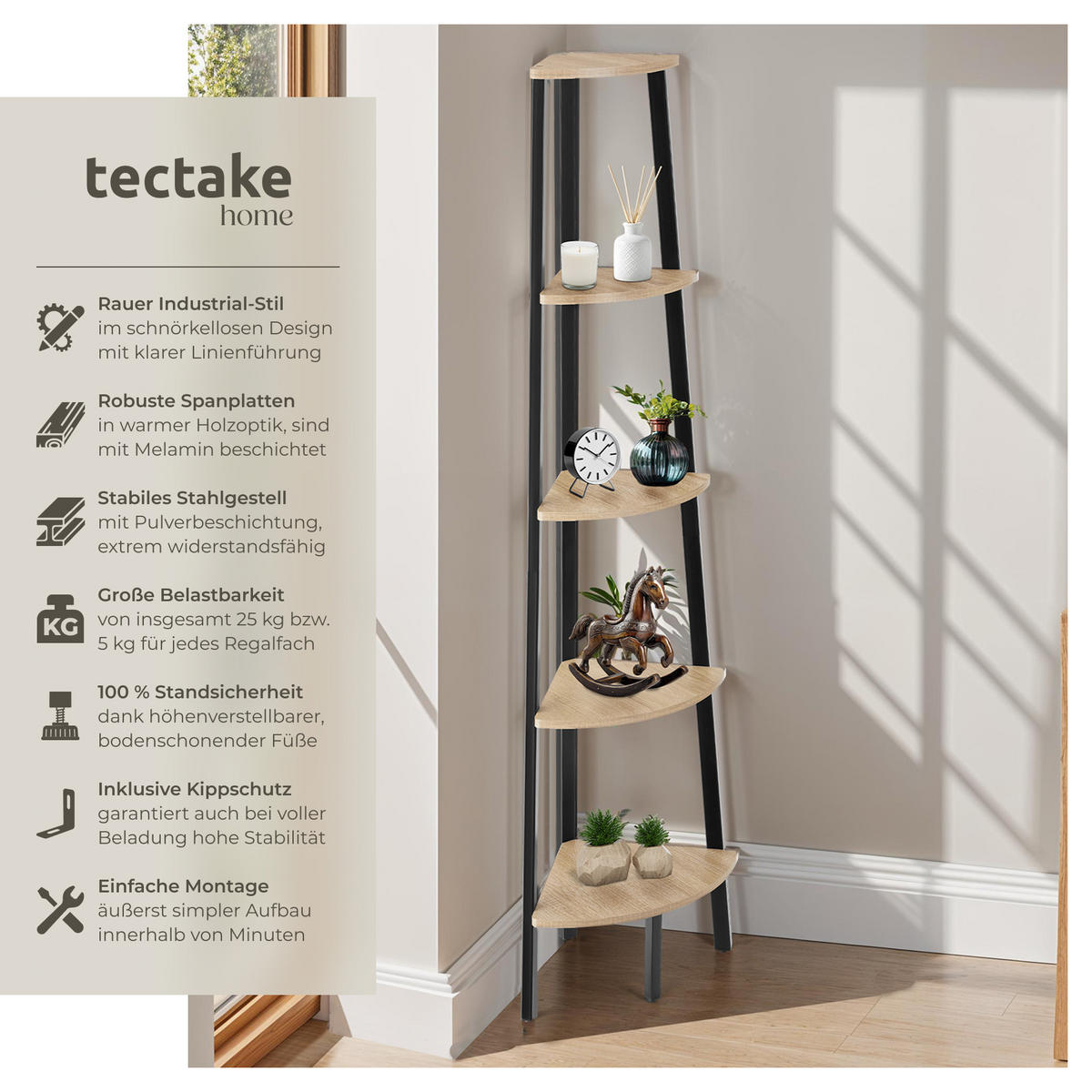 ECKREGAL Portland ,inklusive Kippschutz, 34 x 34 x 158,5 cm,Industrial Holz hell, Eiche Sonoma - Naturfarben, Holzwerkstoff (34/158.5/34cm) - tectake