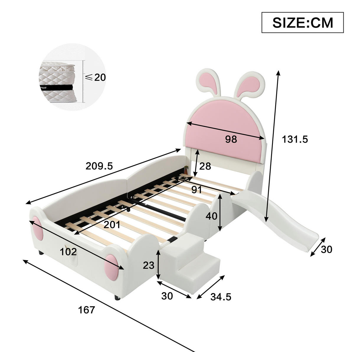DETSKÁ posteľ 90/200 cm biela/ružová z PU so zajačími uškami, schodíkmi a šmykľavkou - ružová, plast (90/200cm) - OKWISH