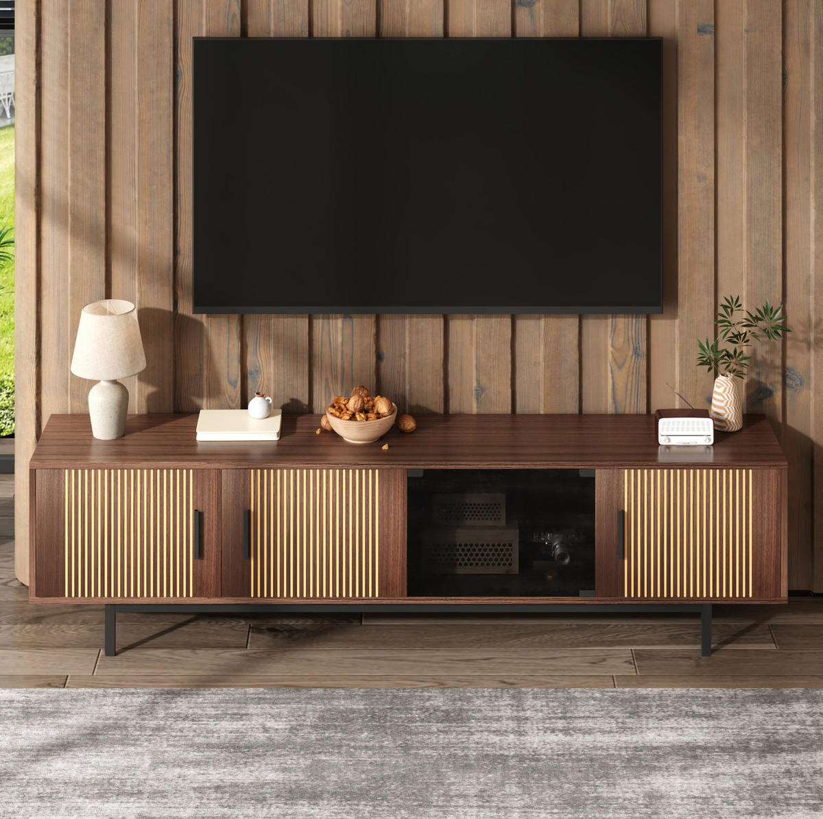 TV-LOWBOARD aus MDF und Spanplatte 200x35x53 cm Walnussbraun/Schwarz mit LED-Lichtleiste - Schwarz, Holzwerkstoff (200/53/35cm) - IVMEU