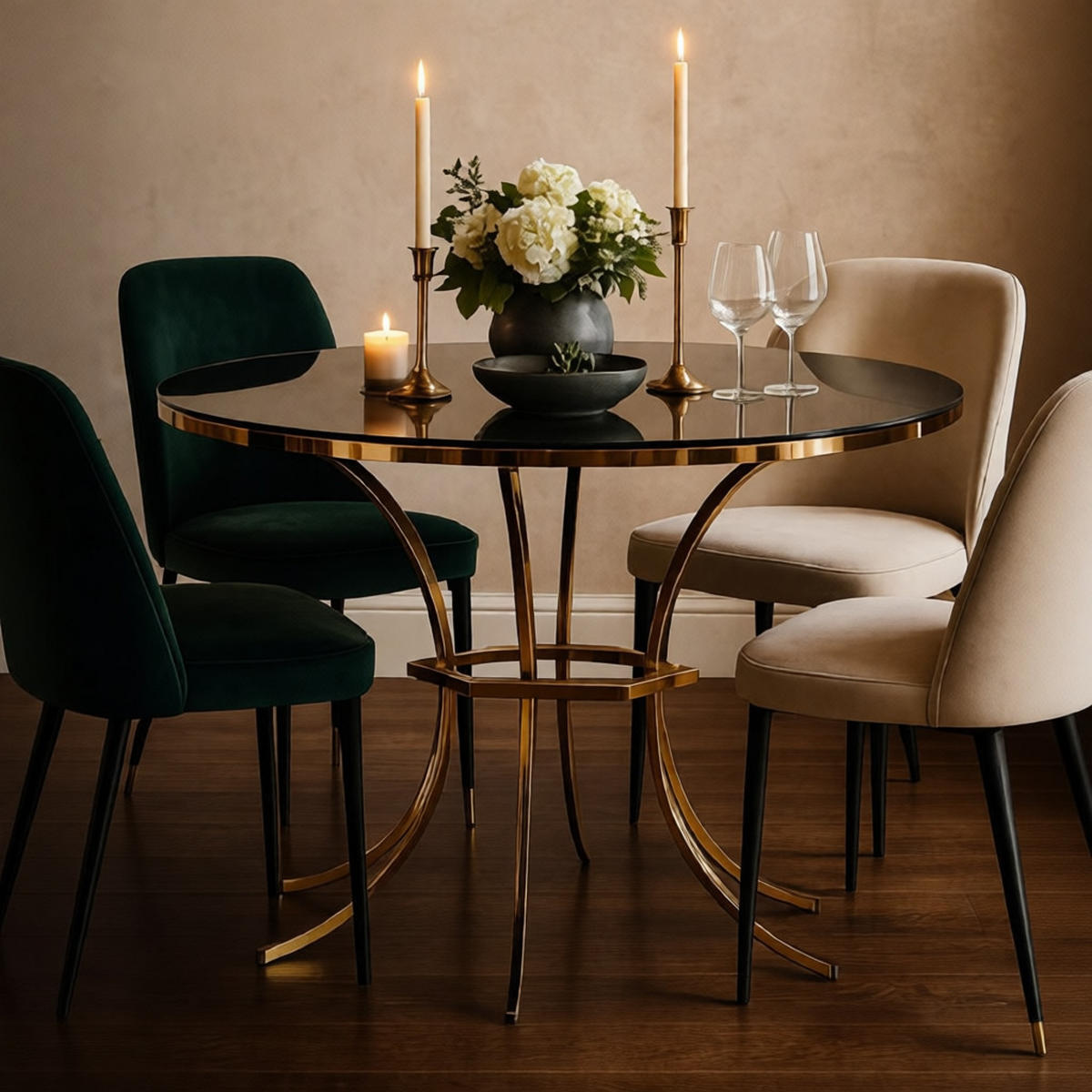 ESSTISCH Shanty, goldfarben und schwarz, Eisen und Glas, 100 x 100 x 80 cm - Goldfarben/Schwarz, Glas/Metall (100/100/80cm) - Mauro Ferretti