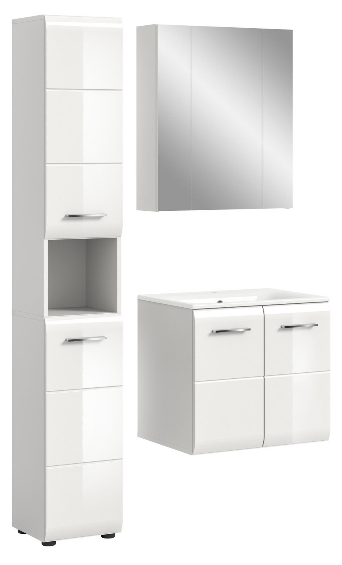 BADMÖBEL Set 3-teilig in weiß Hochglanz inkl. Waschbecken 105 x 185 cm Cover - Weiß Hochglanz/Silberfarben, Holzwerkstoff/Kunststoff (105/185/46cm) - Inn.Furn