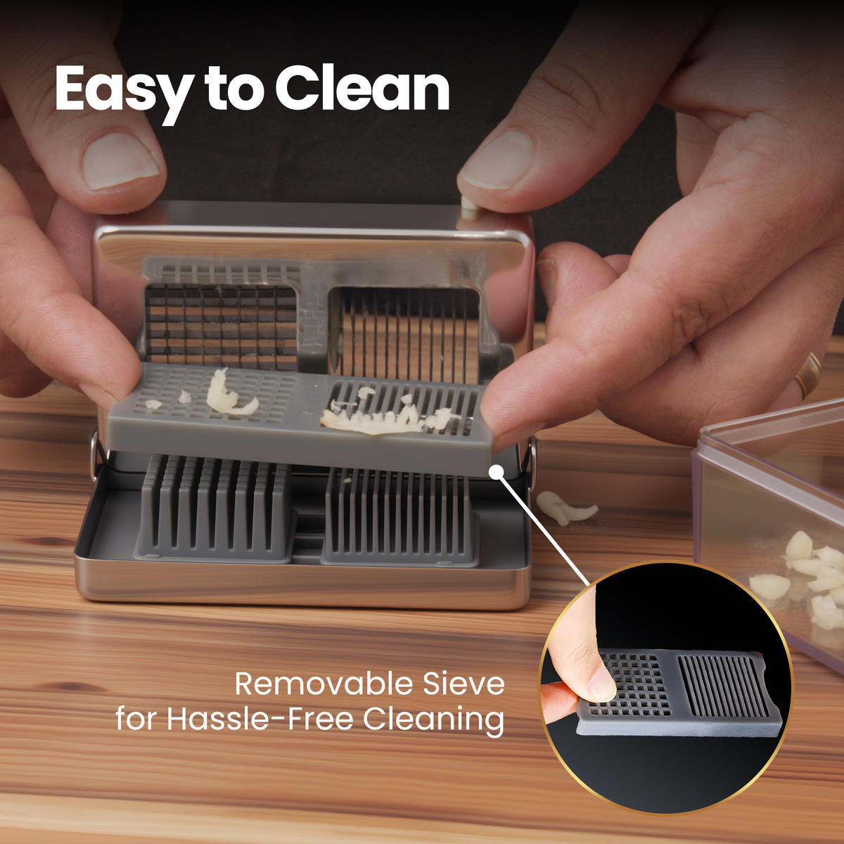 KNOBLAUCHSCHNEIDER Deluxe,Knoblauchschneider Deluxe, Edelstahl, 2-in-1 Hacker & Slicer mit Behälter - Edelstahlfarben, Metall (6.29cm) - Gourmet Easy