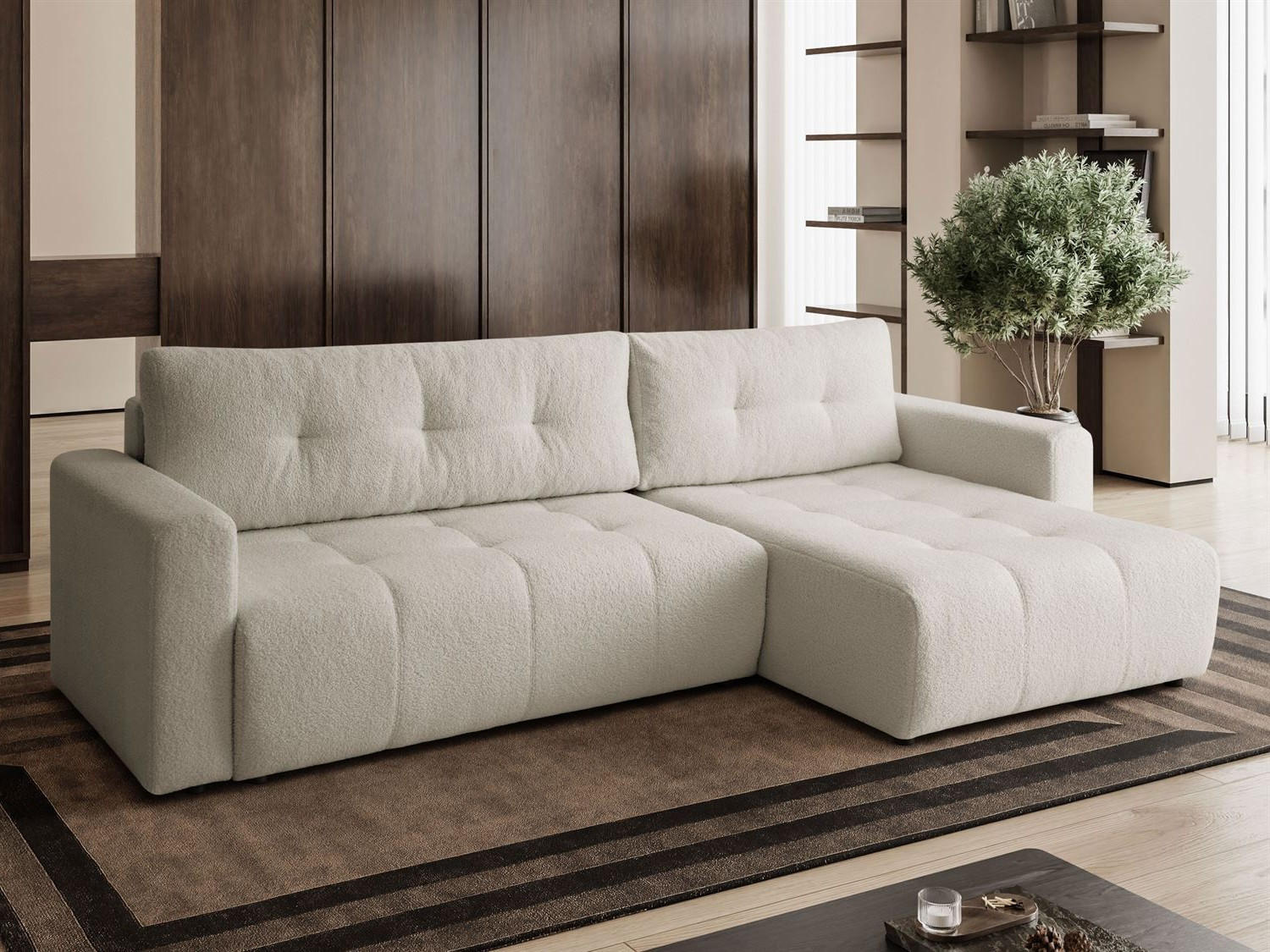 ECKSOFA VIENNA Stil Bettkasten und Funktionalität Bouclé Ecru Rechts - Ecru, Holz (261/143cm) - Kaiser Möbel