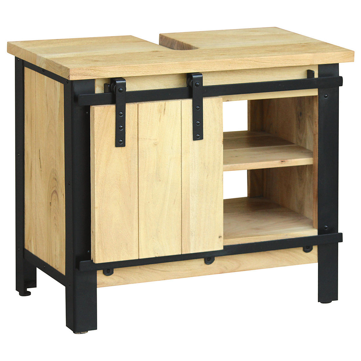 WASCHBECKENUNTERSCHRANK - Akazie massiv / Metall - Akazie / Schwarz - Akaziefarben, Holz/Metall (70/60/40cm) - home24