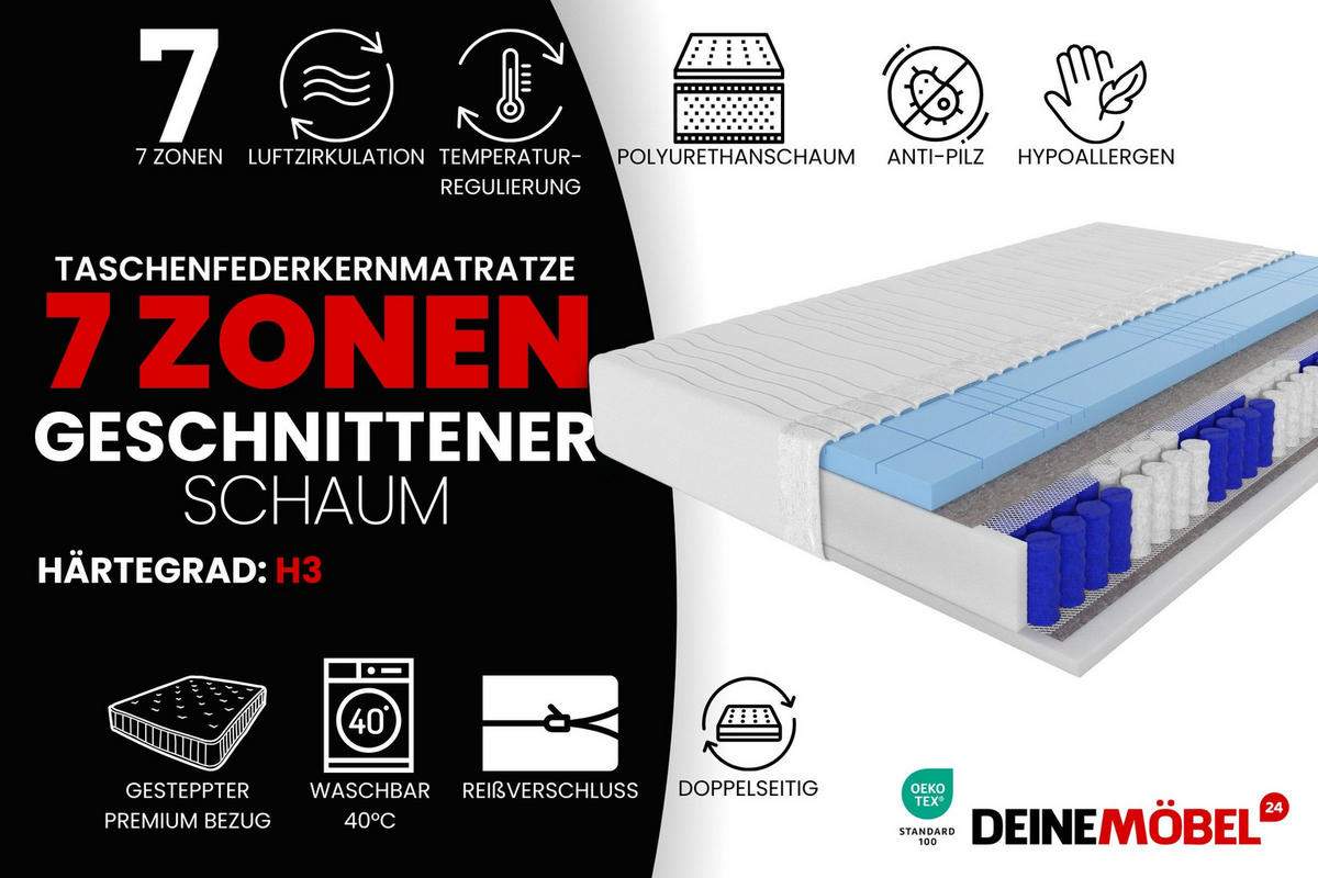 TASCHENFEDERKERNMATRATZE PREMIUM 7 Zonen mit Würfelschnitt-Polyurethanschaum 80/200/20 Weiß H3 - Weiß, Textil (80/200cm) - Deine Möbel 24