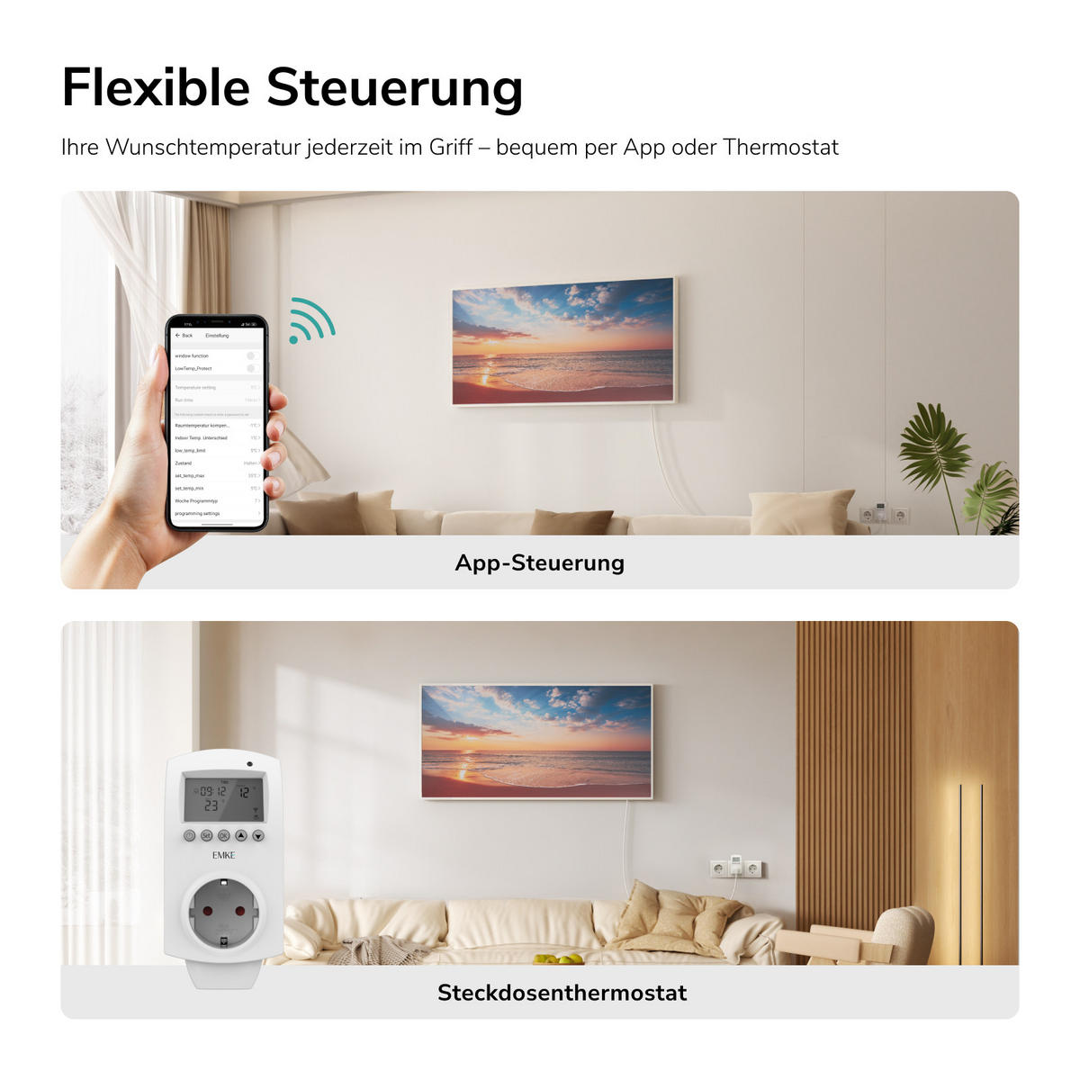 WANDKONVEKTOR elektrisch mit Landschaftsmotiv, WLAN-App-Steuerung, Thermostat, 119,5/59,5 cm - Weiß, Kunststoff/Metall (119.5/59.5/2cm) - EMKE