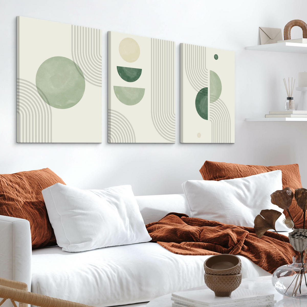 LEINWANDBILDER 3-er Set Geo-Muster Boho - Beige/Schwarz, Textil (90/40cm) - Muralo