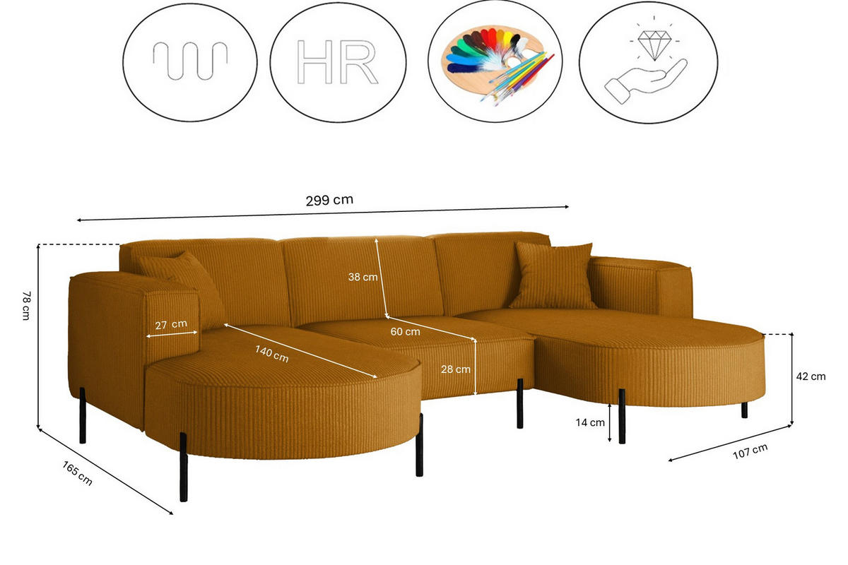 ECKSOFA Designer Modena U Rein stoff Poso Senffarbe - Gelb, Holz (165/299cm) - Kaiser Möbel