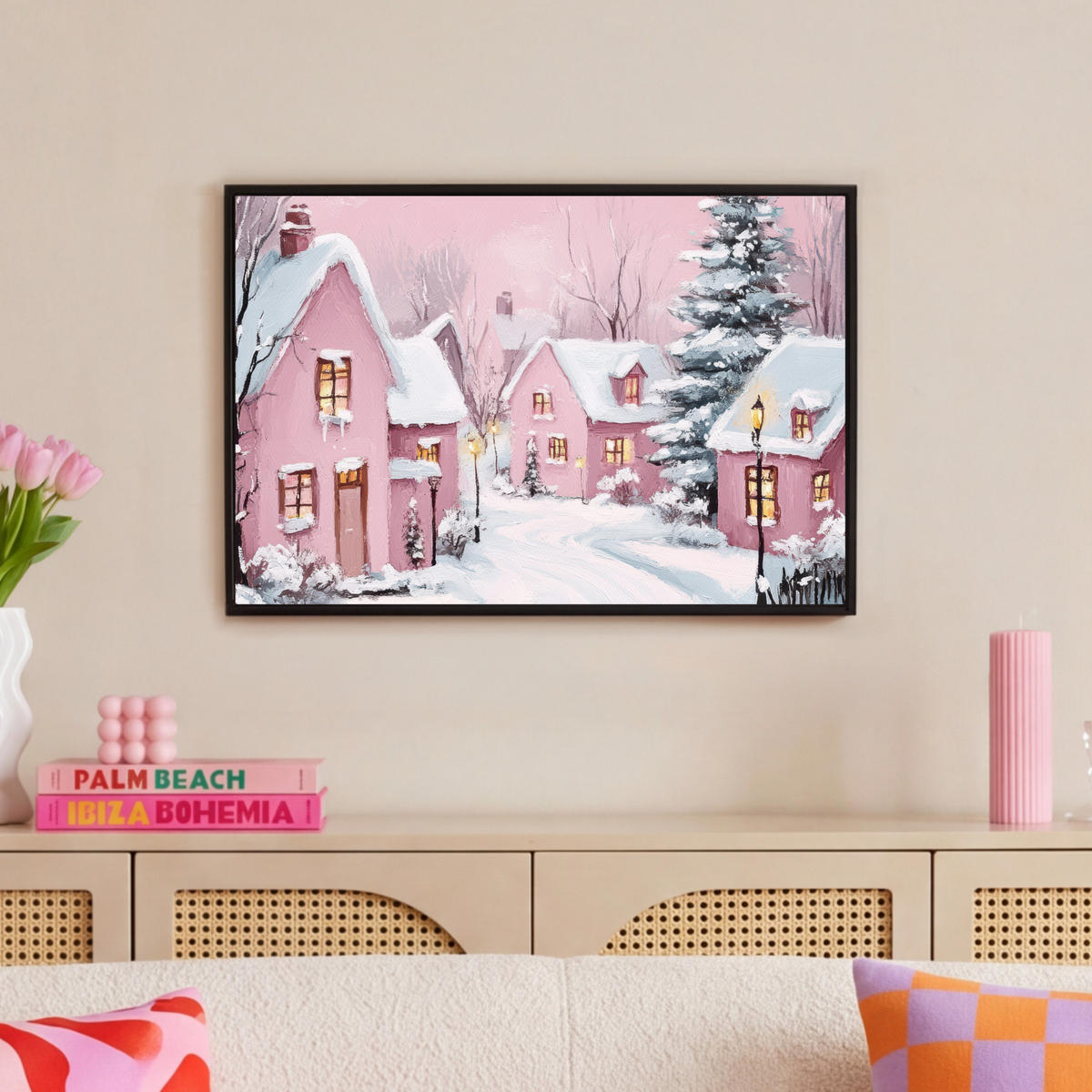 LEINWAND Bilder mit Rahmen - Weihnachtsdorf - Rosa - Winter - Schnee - Häuser - 60x40 - Altrosa, Textil (60/40cm) - MuchoWow