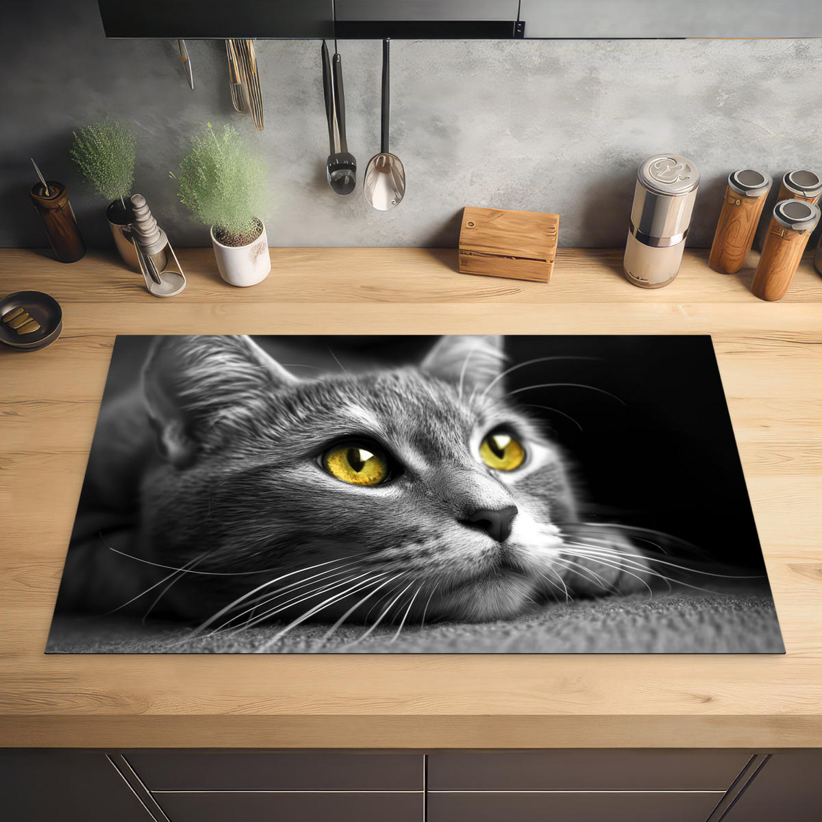 HERABDECKPLATTE - Katze - Grau - Tiere - Katze - 80x50 - Grau, Kunststoff (80/50/0.2cm) - MuchoWow