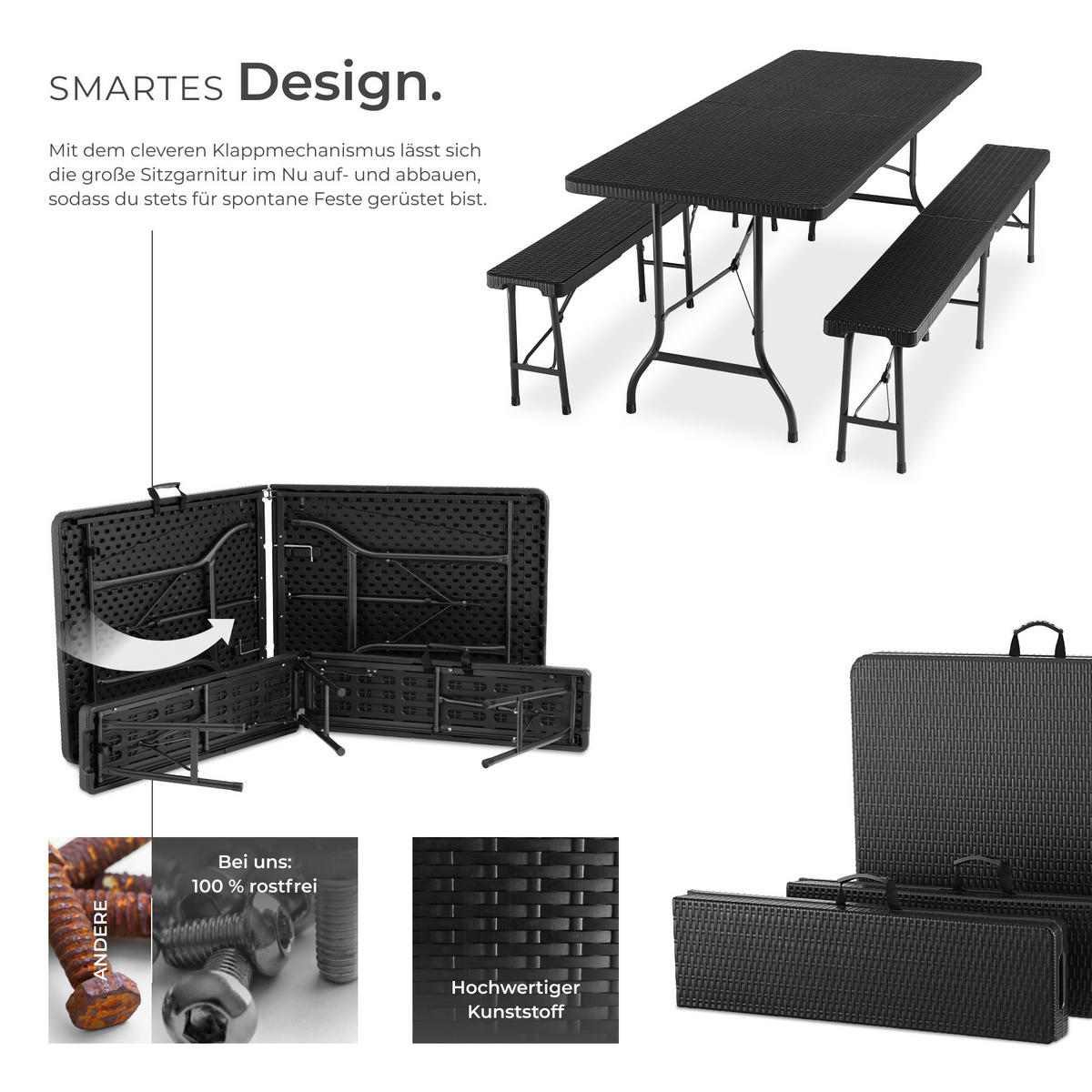 CAMPINGTISCHGARNITUR Vani,mit Tragegriffen,schwarz-Rattanoptik - Schwarz, Kunststoff (180/74/72cm) - tectake
