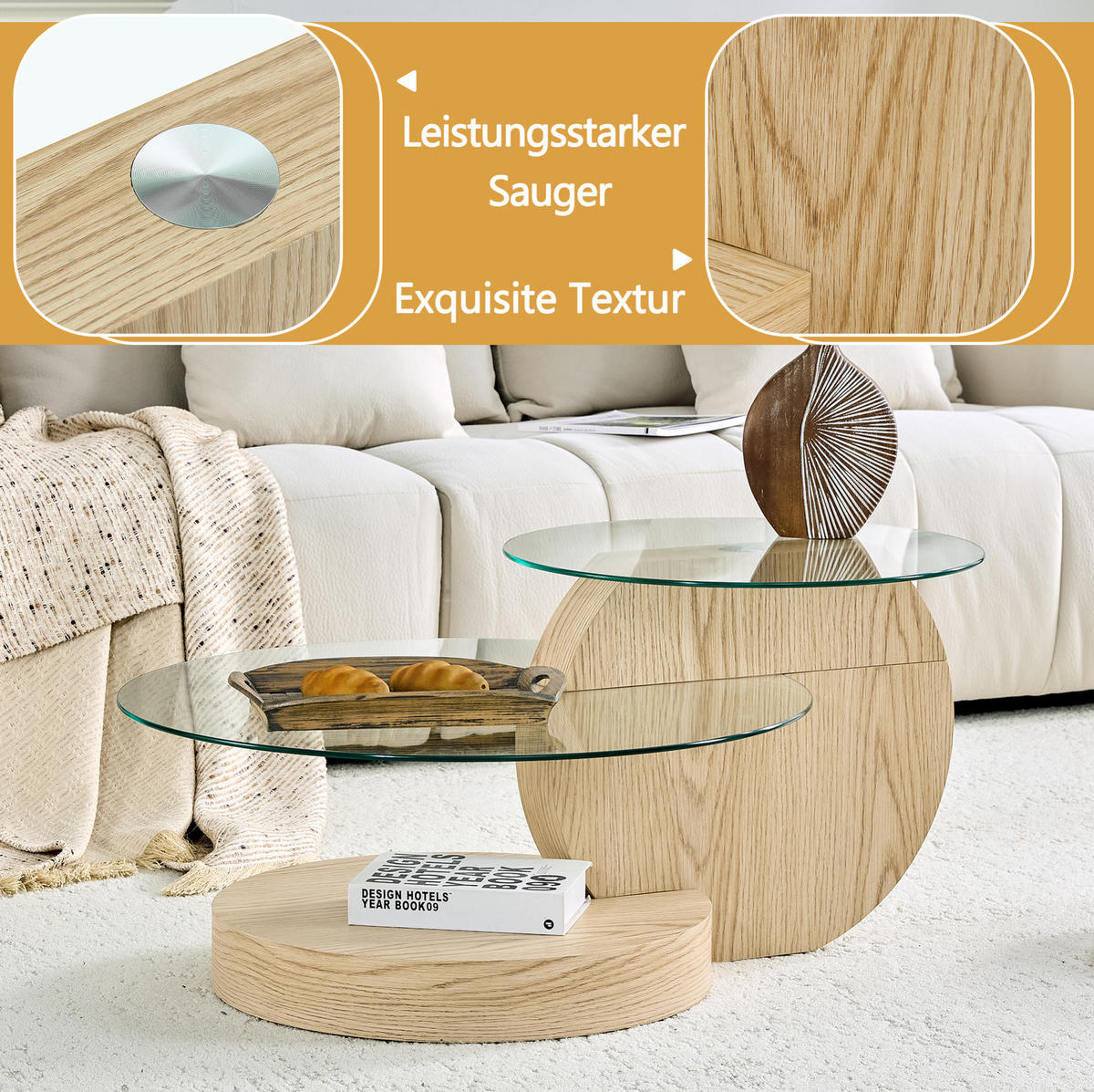 COUCHTISCH aus MDF & Glas Ø50/70 cm in Holz mit mehrstufigen Ablagen - Naturfarben, Glas (90/90/44cm) - Modfu