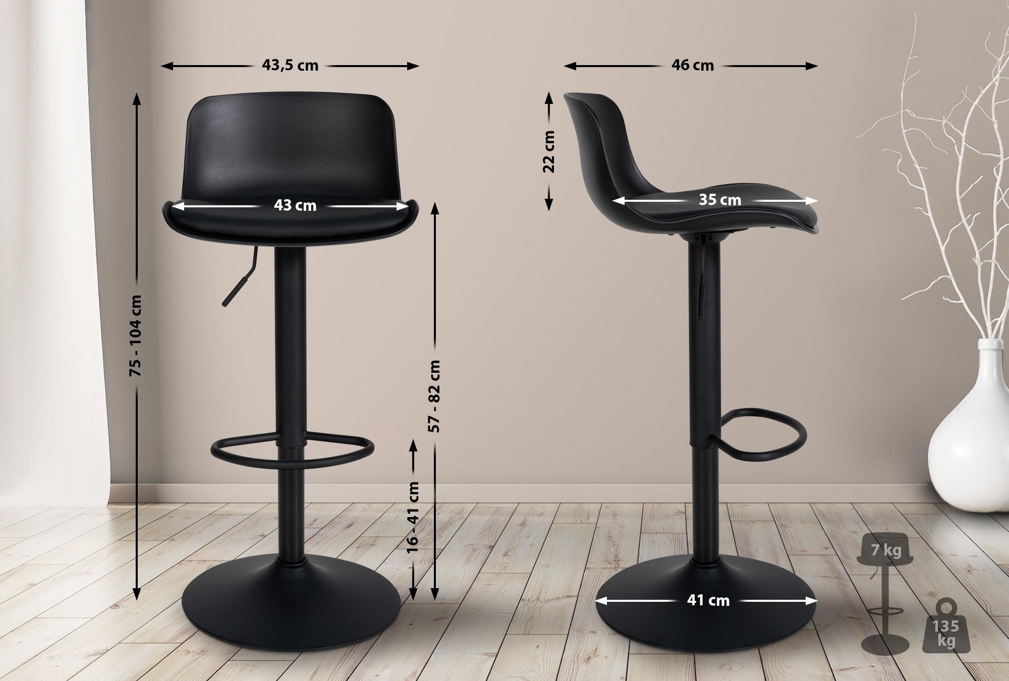 BARHOCKER höhenverstellbar Schwarz KUSI Kunstleder 75-104x435x46 cm - Schwarz, Leder/Metall (43.5/75/46cm) - DELUKE