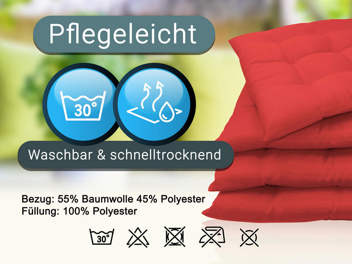 STUHLKISSEN, 4er-Set, 40x40 cm, 100% Polyester, Rot - Rot, Textil (40/40/3cm) - Zollner
