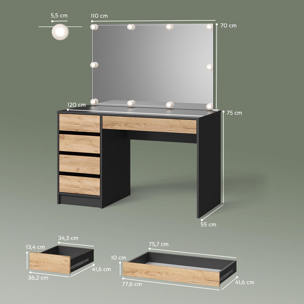 SCHMINKTISCH Imola Anthrazit/Goldkraft Eiche 120 cm mit LED Beleuchtung - Anthrazit/Eiche Wotan, Holzwerkstoff (120/75/55cm) - Livinity®