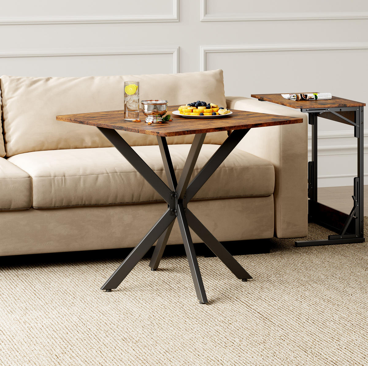 BEISTELLTISCH aus Spanplatte 80x80x75 cm Braun mit X-Gestell, höhenverstellbaren Füßen und pflegeleichter Oberfläche - Braun, Holzwerkstoff (80/80/75cm) - Modfu