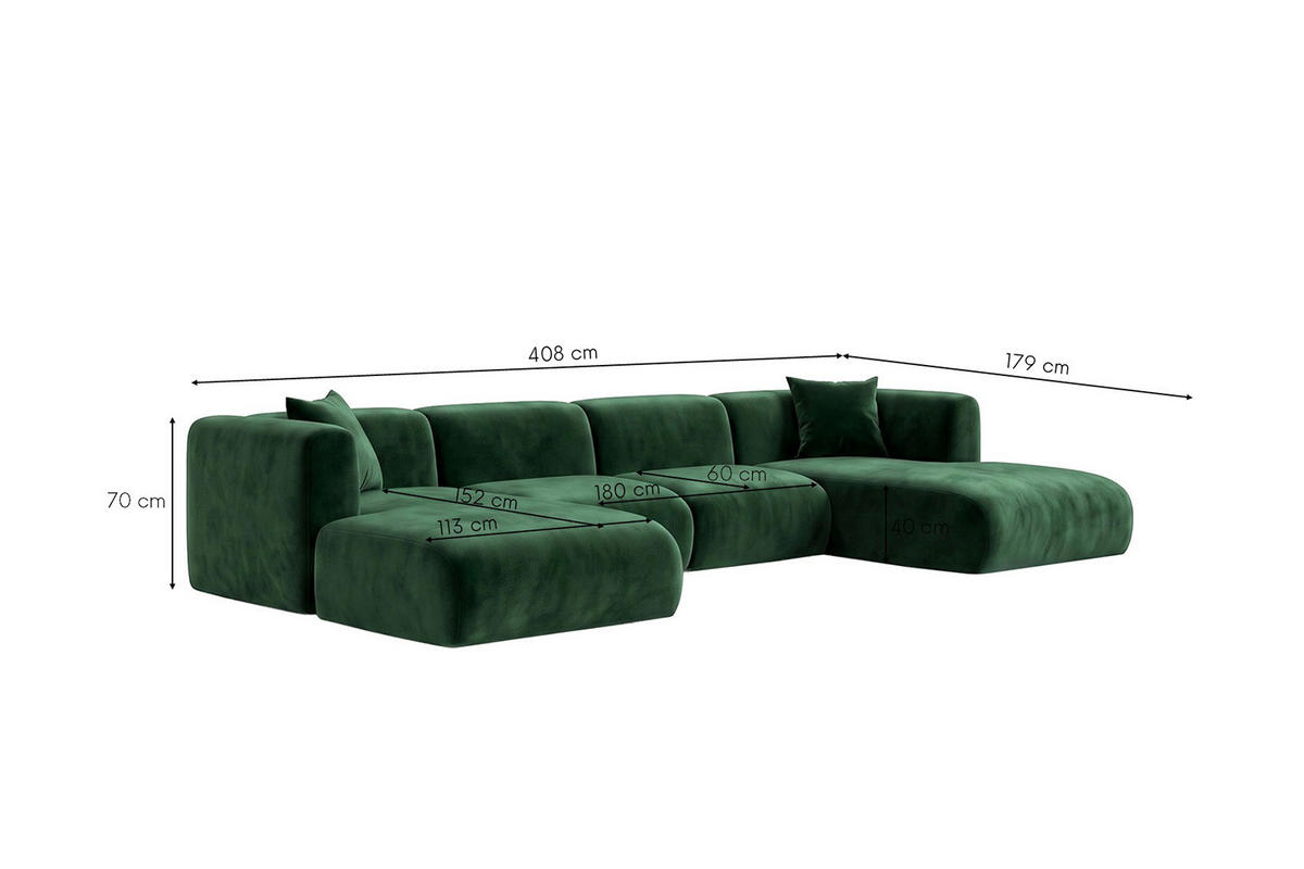 ECKSOFA U-Form, Velvet-Stoff Bluvel, Grün, GRETA - Grün, Holz (408/70/179cm) - Kaiser Möbel