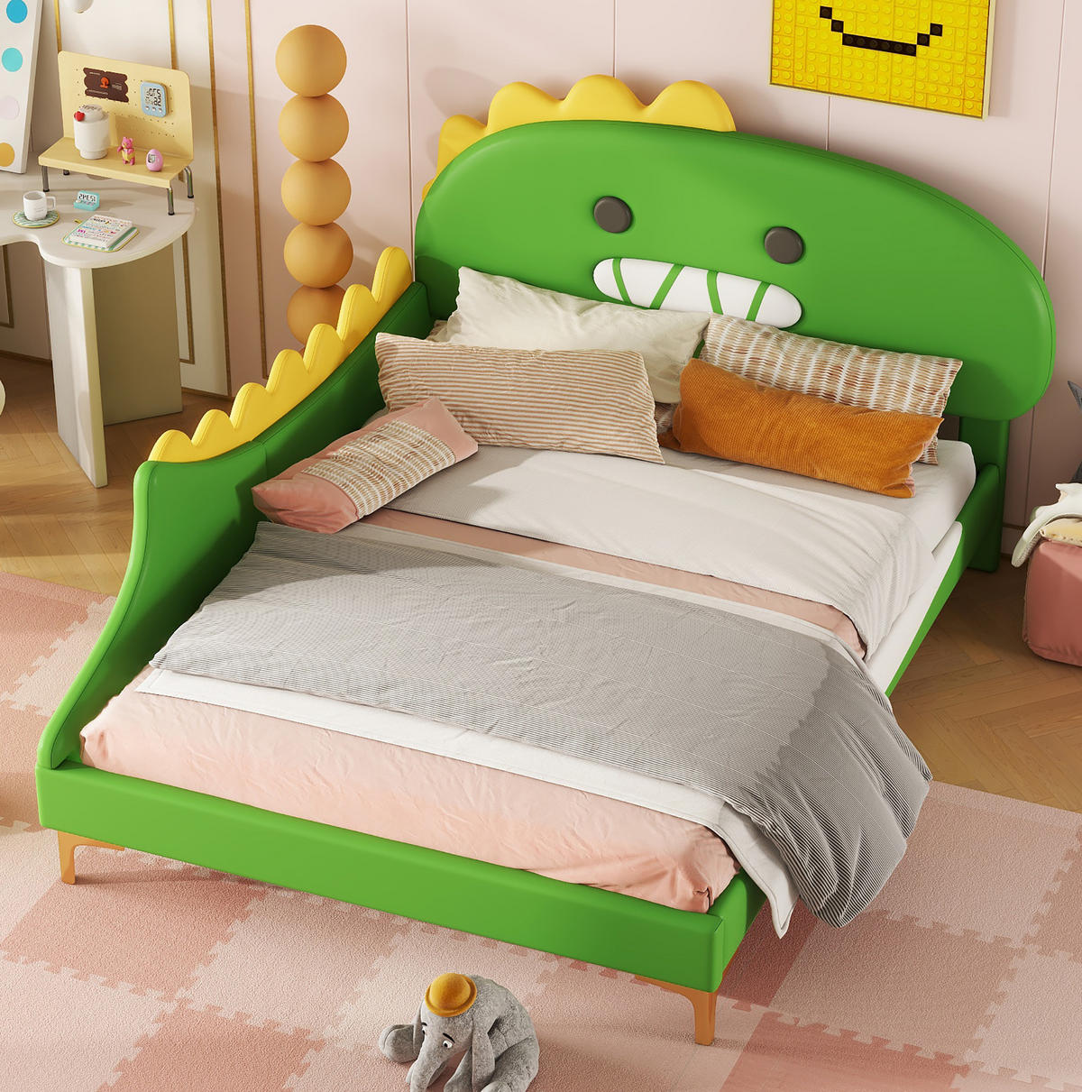 KINDERBETT in Dinosaurierform 140x200 cm PU Grün - Grün, Holzwerkstoff (140/200cm) - Beauniv