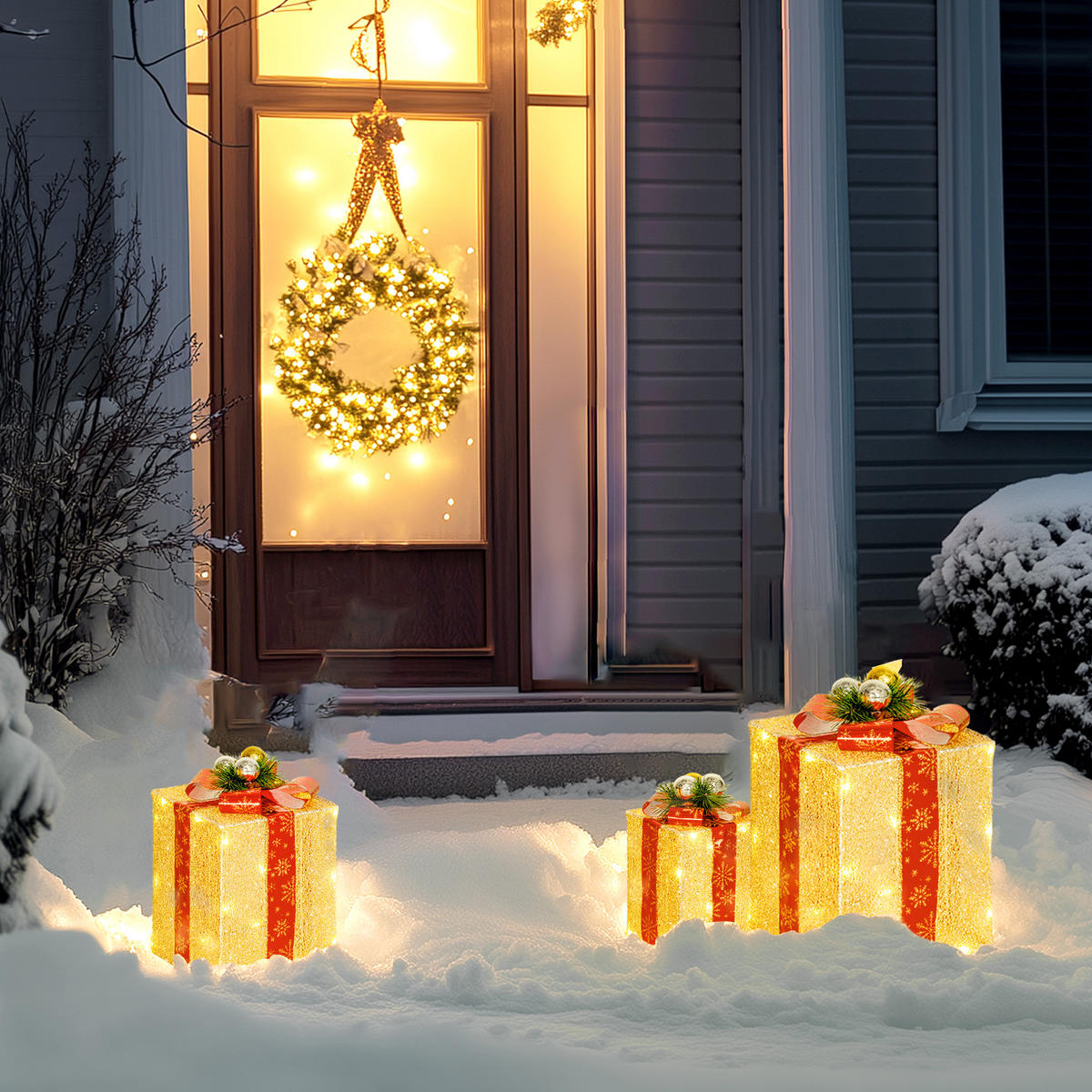 WEIHNACHTS-GESCHENKBOXEN-SET für Innen- und Außendekoration, mit 58 LED-Lichtern, Goldton - Goldfarben, Kunststoff/Metall (25.5/35/25.5cm) - Outsunny