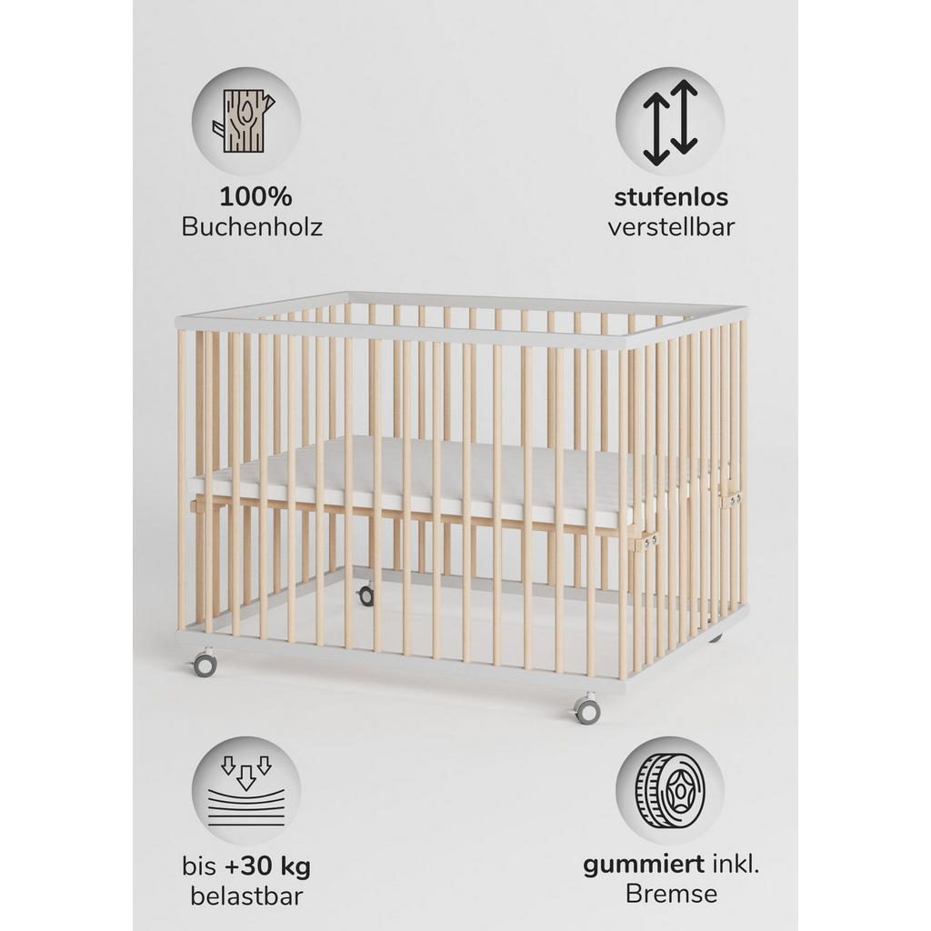 Thumbnail - Sämann – make a difference. Laufgitter, Weiß, Natur, Holz, Echtholz,Buche, 100x74x75 cm, Babymöbel, Laufstall Baby