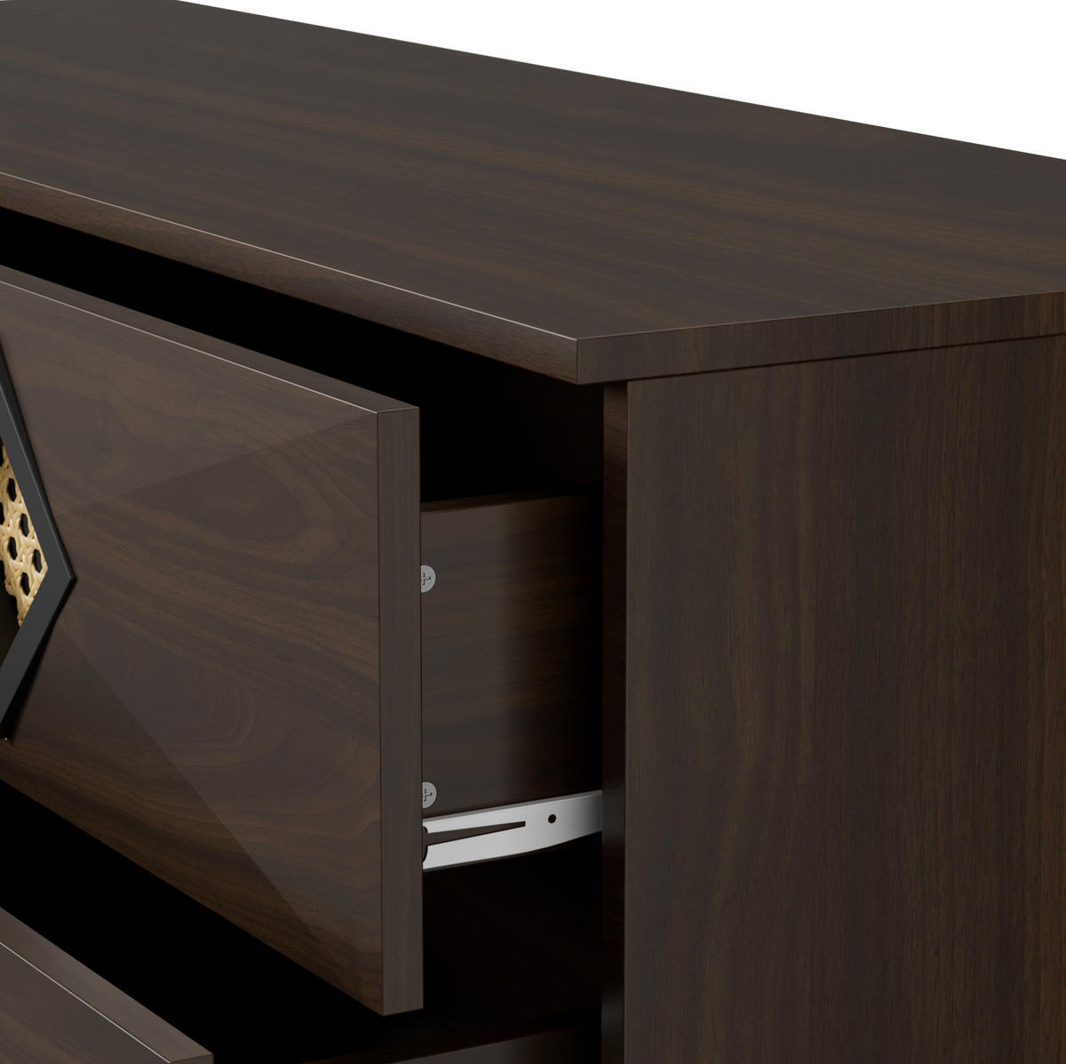 KOMMODE, 6 Schubladen, mit Rattan-Griffen und Metallbeinen – geräumig & modern, 120x40x74 cm, Walnussfarben - Naturfarben, Holzwerkstoff (40/74/120cm) - Modfu
