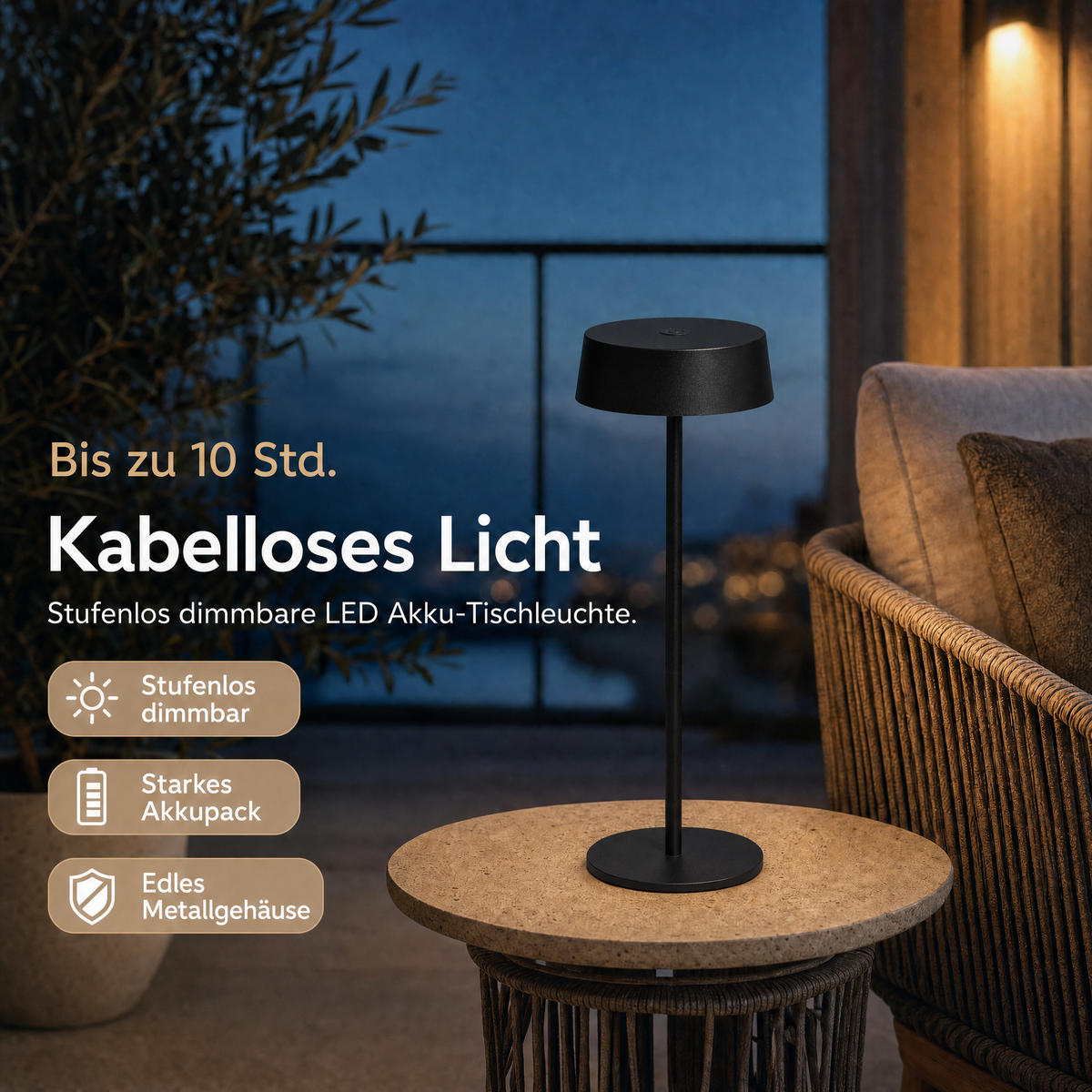 LED-TISCHLEUCHTE - dimmbar, kabellos, IP54, Metallgehäuse, für Innen- und Außenbereich, schwarz, höhenverstellbar - Schwarz, Metall (13.5/13.5/36cm) - Northpoint