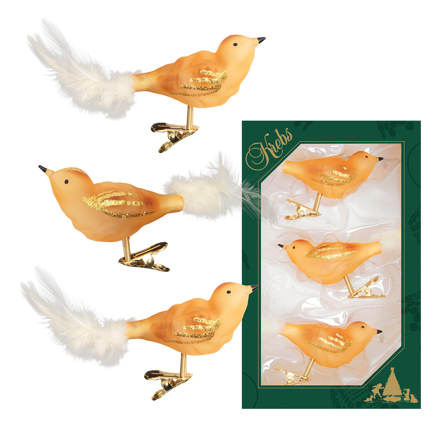 CHRISTBAUMSCHMUCK Waldvögel Goldfarbig 9cm (Glas / 3 Stk.) - Goldfarben, Glas (4/4/9cm) - Krebs Glas Lauscha