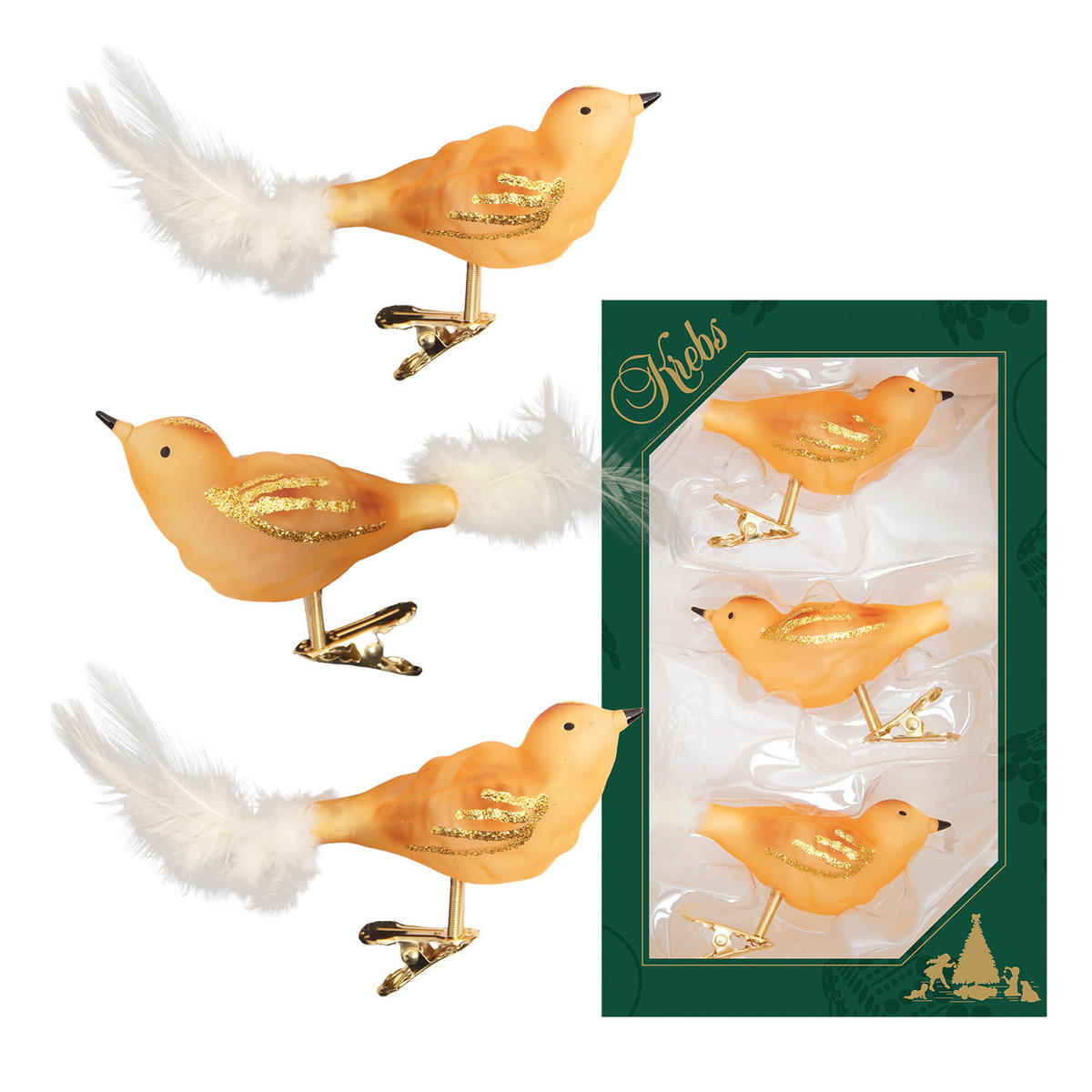 CHRISTBAUMSCHMUCK Waldvögel Goldfarbig 9cm (Glas / 3 Stk.) - Goldfarben, Glas (4/4/9cm) - Krebs Glas Lauscha