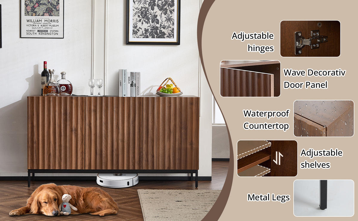 SIDEBOARD 150/40/80 cm mit 3 Türen in Dunkelbraun mit 3D-Wellendesign - Dunkelbraun, Holzwerkstoff (150/80/40cm) - BEAOK