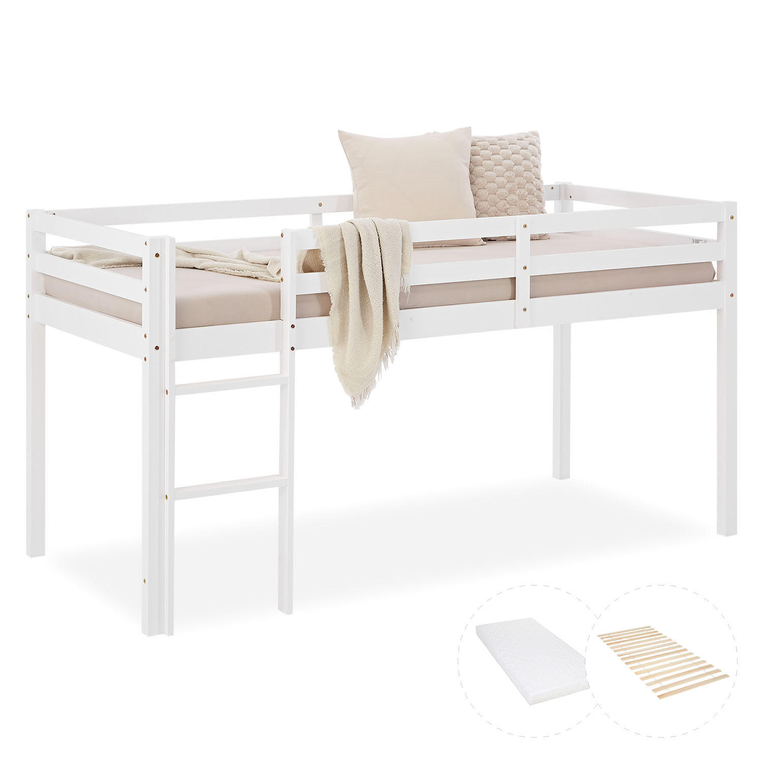 HOCHBETT mit Lattenrost und Matratze 90/200 cm Weiß - Weiß, Holz (90/200cm) - Homestyle4u
