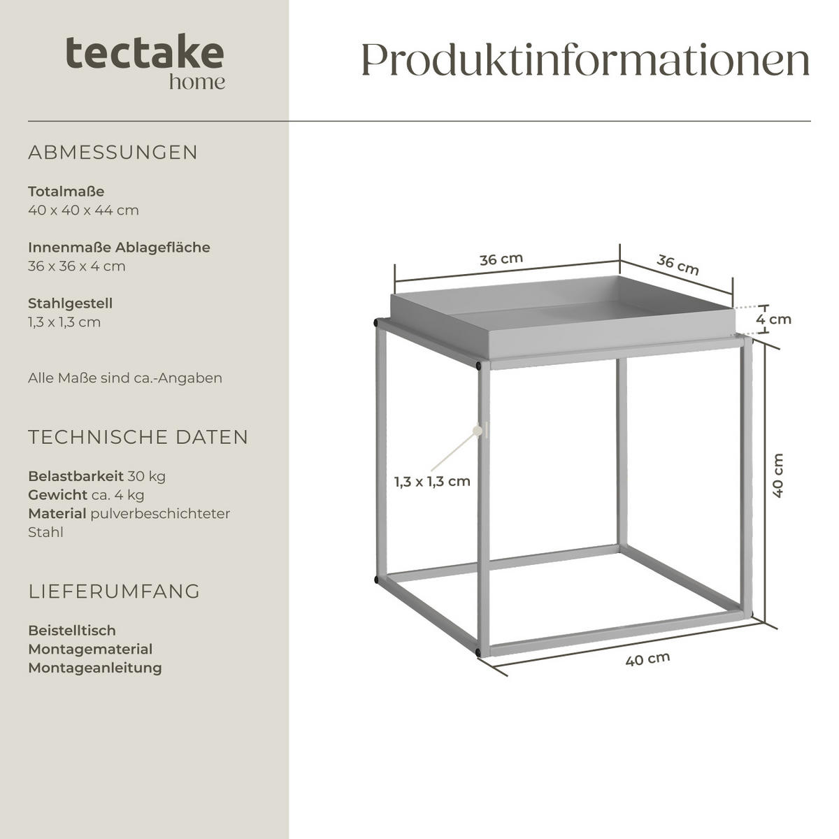 BEISTELLTISCH Cambridge,40 x 40 x 44 cm,grau - Grau, Metall (40/40/44cm) - tectake
