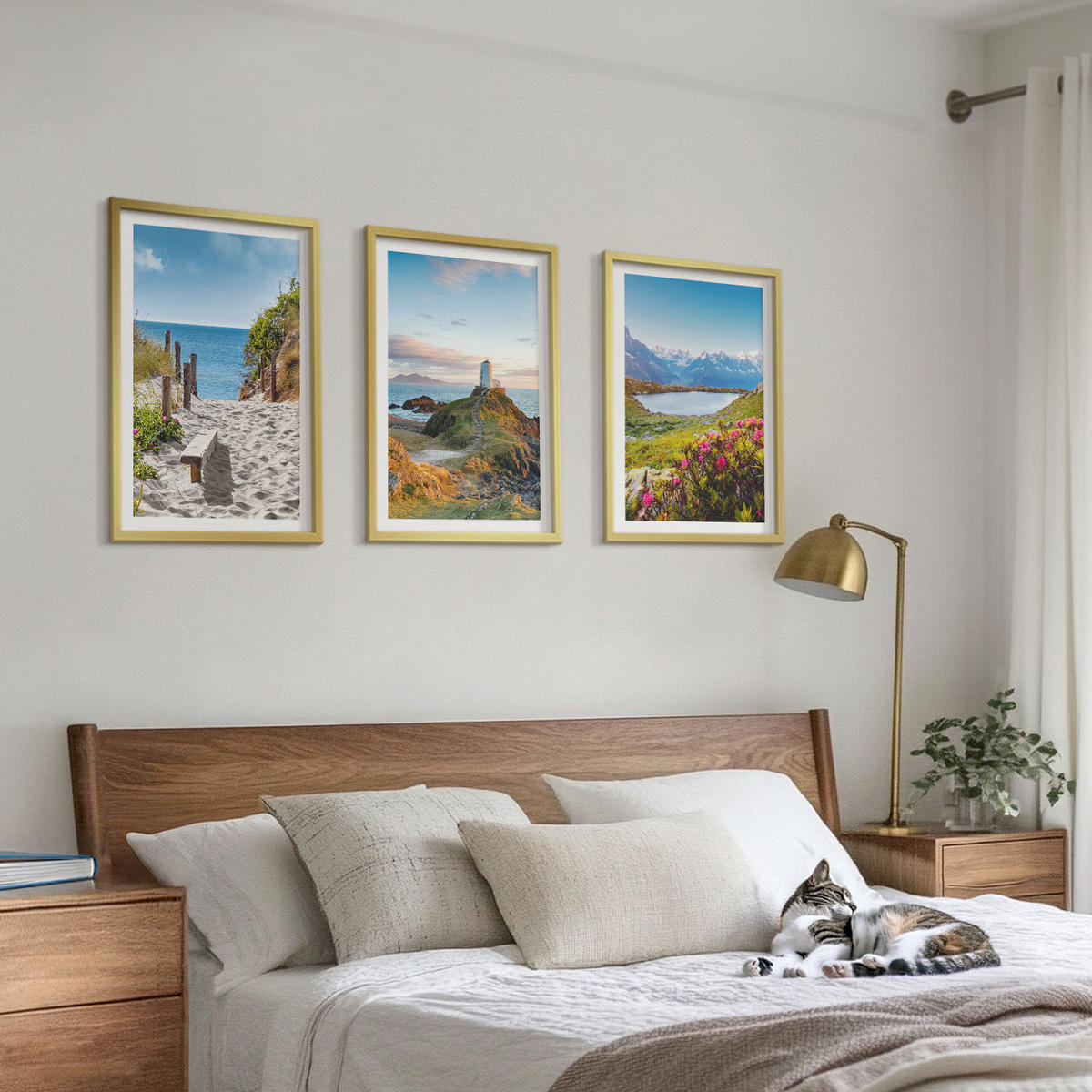WANDBILDER 3er Set - 40x60 cm Goldrahmen - Strand, Leuchtturm, Berge, Blumen - Goldfarben, Kunststoff (40/60cm) - ArtPrintCave