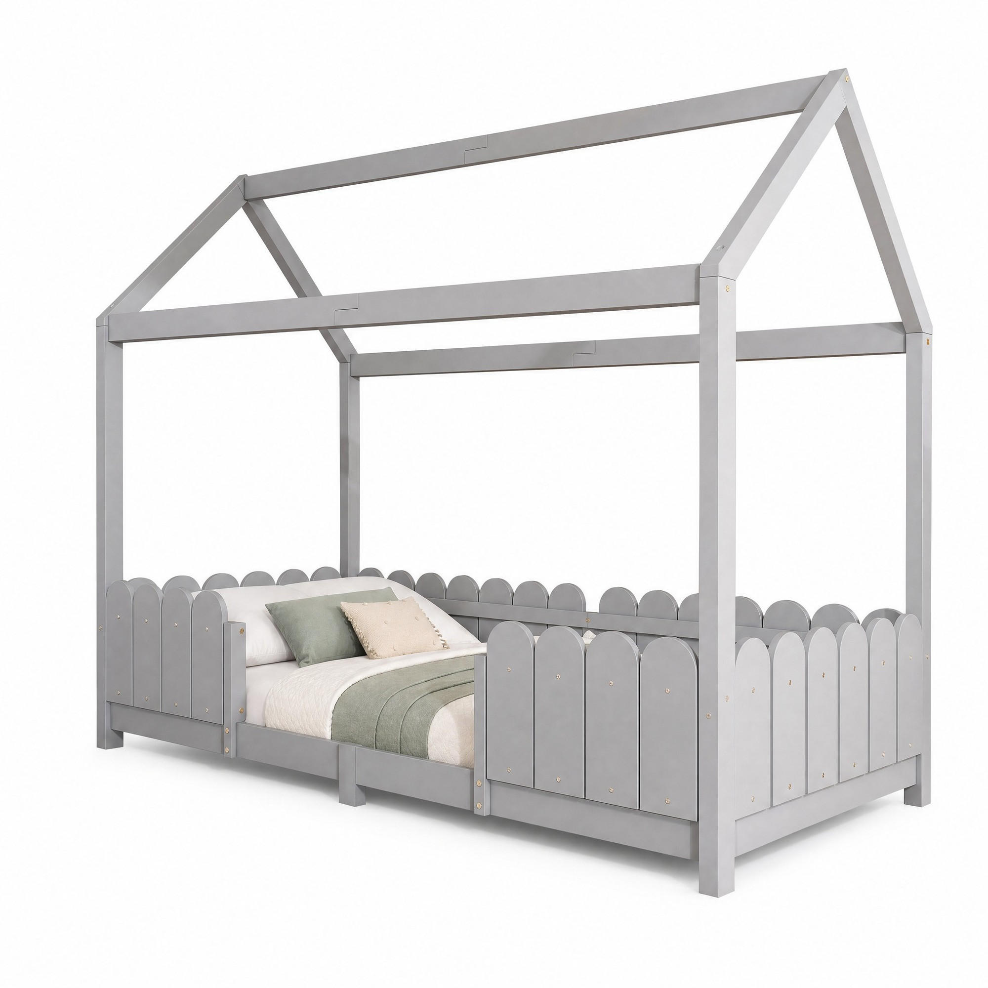 HAUSBETT 90/200 mit Dach, Rausfallschutz und Lattenrost in Grau - Grau, Holzwerkstoff (90/200cm) - EVRYAE