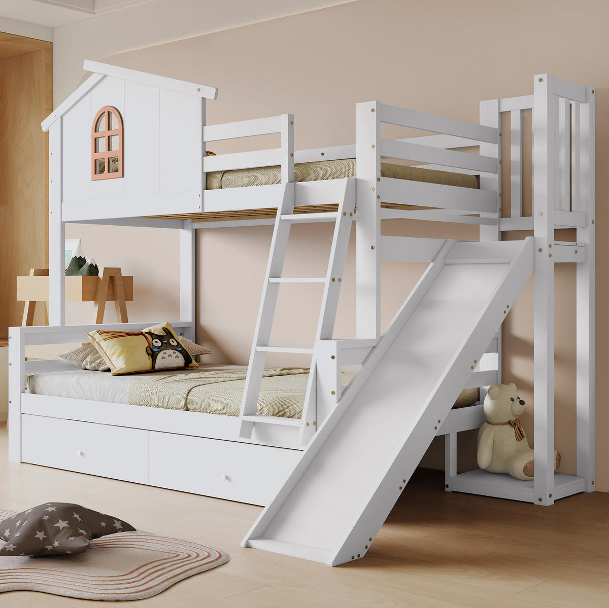 ETAGENBETT 90/200 cm weiß aus Kiefer mit Rutsche und Schubladen - Weiß, Holz (90/200cm) - OKWISH