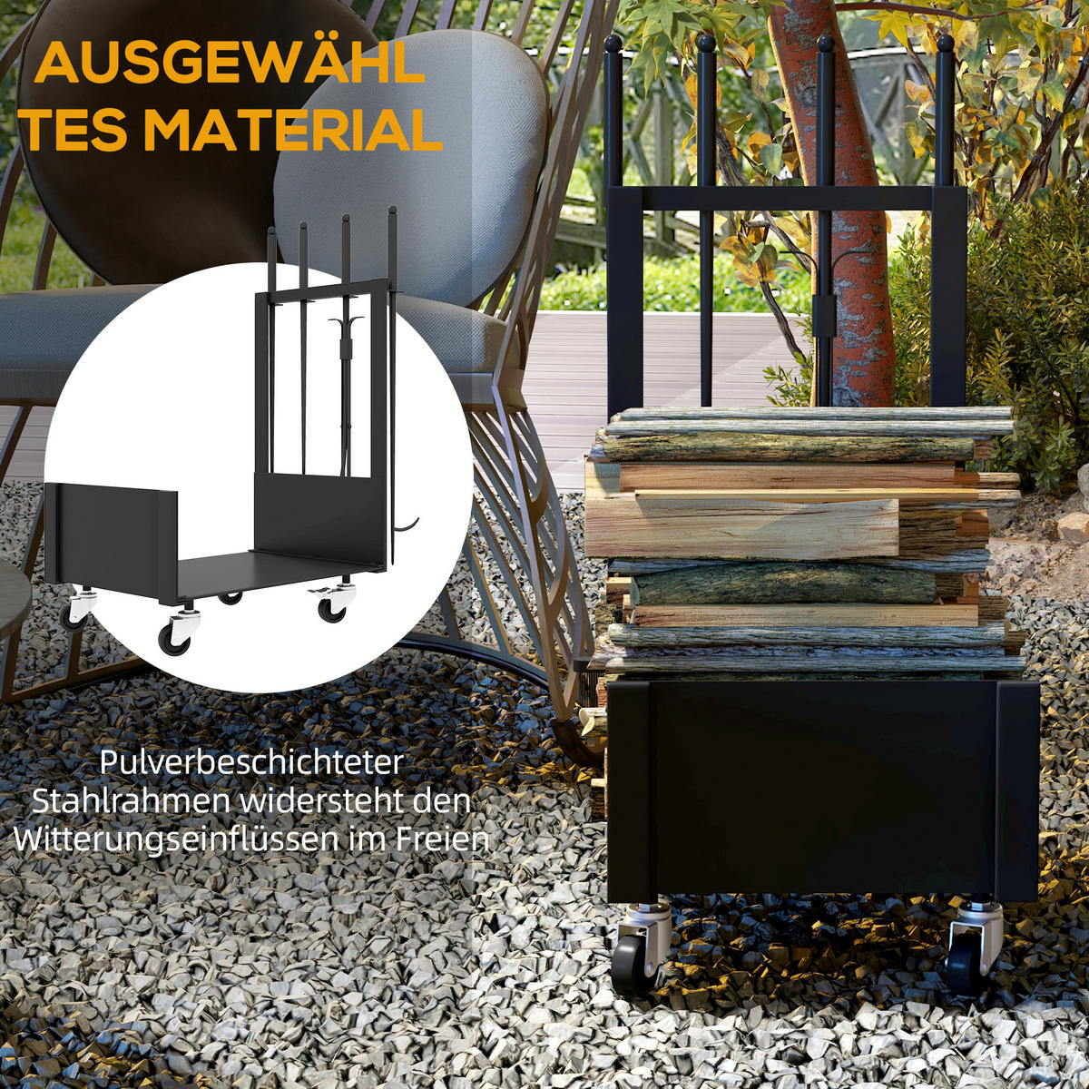 KAMINHOLZREGAL bis 60 kg - Schwarz, Metall (30/76/48cm) - Outsunny
