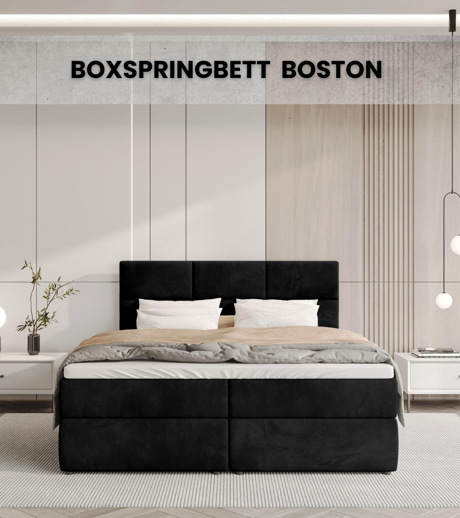 BOXBETT Boston mit Topper 160/200 Schwarz - Schwarz, Holzwerkstoff/Textil (160/200cm) - Bromarkt