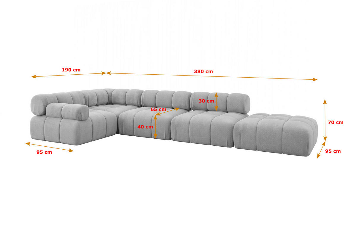 ECKSOFA modulares Sofa Felto-L2 - 380x190x70 cm Hellgrau Velours - Hellgrau, Holzwerkstoff/Textil (380/190cm) - ALTDECOR