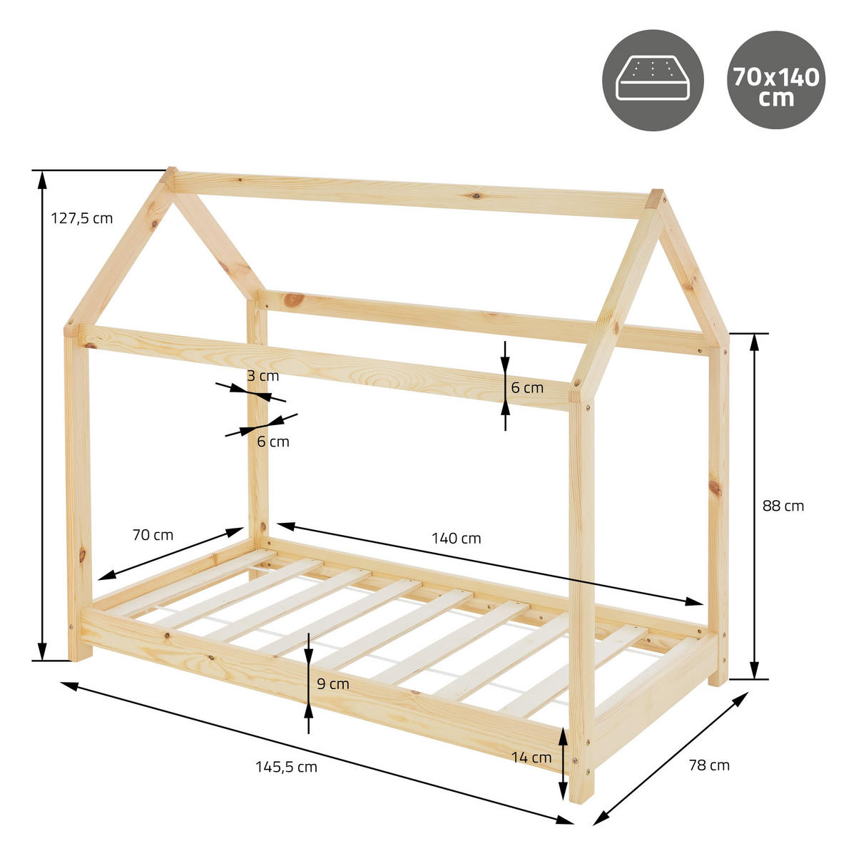 KINDERBETT mit Dach und Matratze 70x140 cm Natur - Naturfarben, Holz (70/140cm) - ML-DESIGN