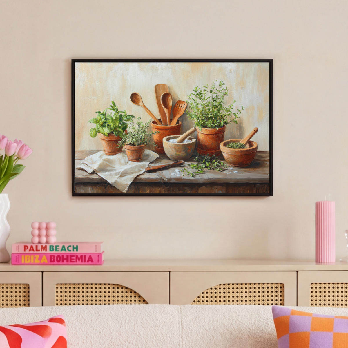 LEINWAND Bilder mit Rahmen - Töpfe - Kräuter - Holz - 60x40 - Terracotta, Textil (60/40cm) - MuchoWow