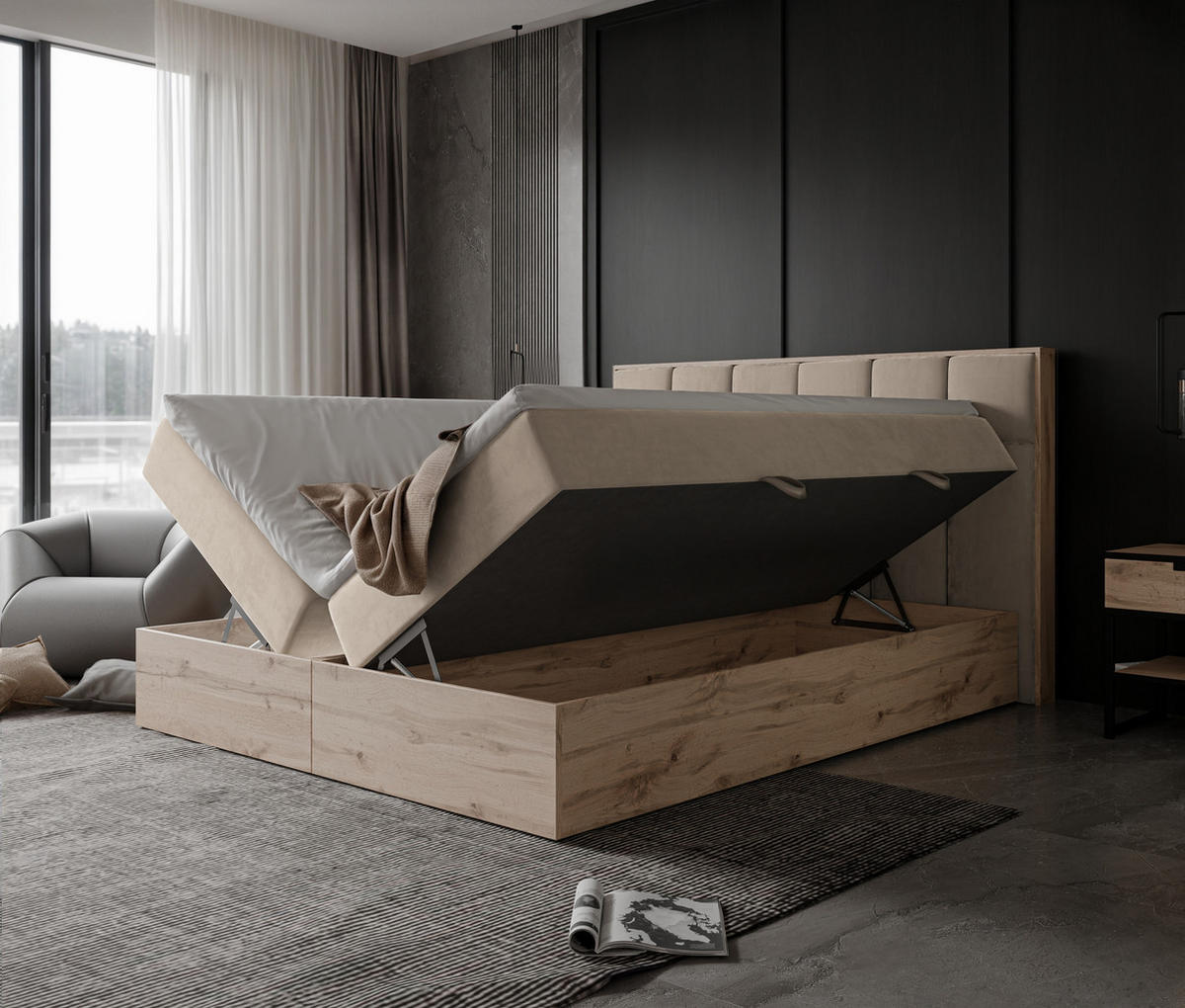 BOXBETT LAVIO II 160/200 cm, in Hellbeige, mit Matratze und Topper - Sandfarben, Holzwerkstoff/Textil (160/200cm) - Idohome