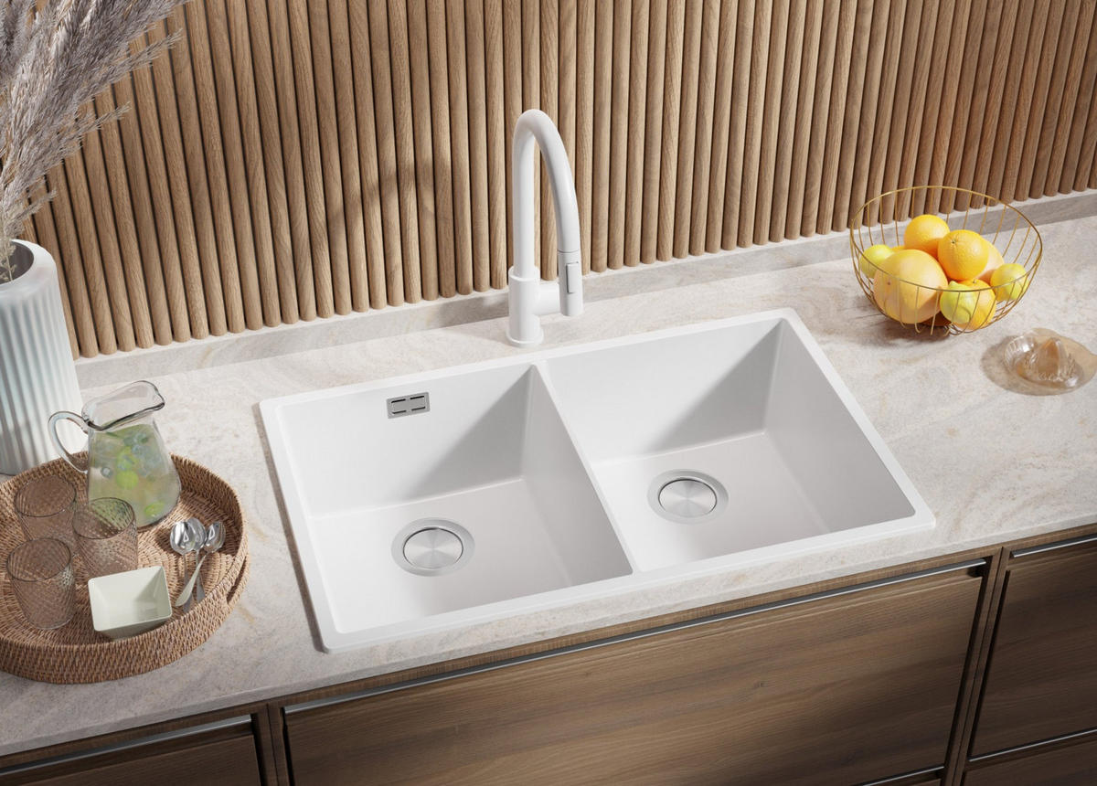 GRANITSPÜLE London Slim Twin, 2-er set Alles Weiß 76/47 cm 2 Becken + Küchenarmatur 32/20 cm + Ablauf-Set ab 80er Unterschrank - Weiß, Kunststoff (76/20/47cm) - Primagran