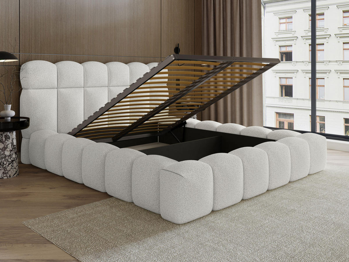 POLSTERBETT Mira XL Off-White 160/200 cm Boucle mit Bettkasten - Weiß, Textil/Metall (160/200cm) - wonello
