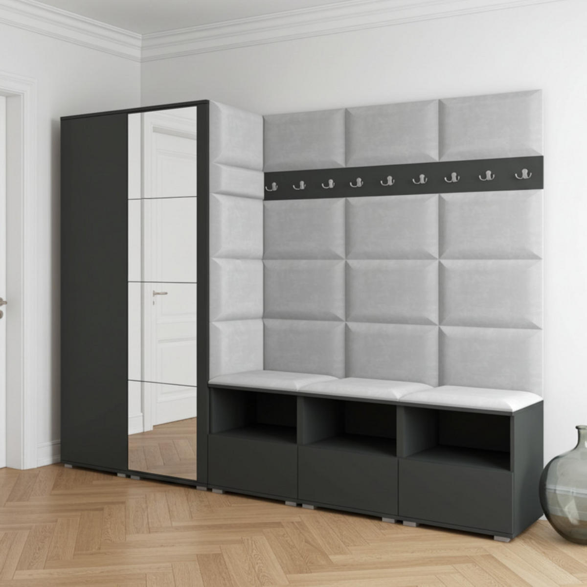 GARDEROBE NELA VII 250 cm (Modulare Flurmöbel XL Graphit mit Spiegel & Sitzpolster Hellgrau 32 Universell) - Silberfarben/Hellgrau, Holz/Holzwerkstoff (250/187/40cm) - Ravio